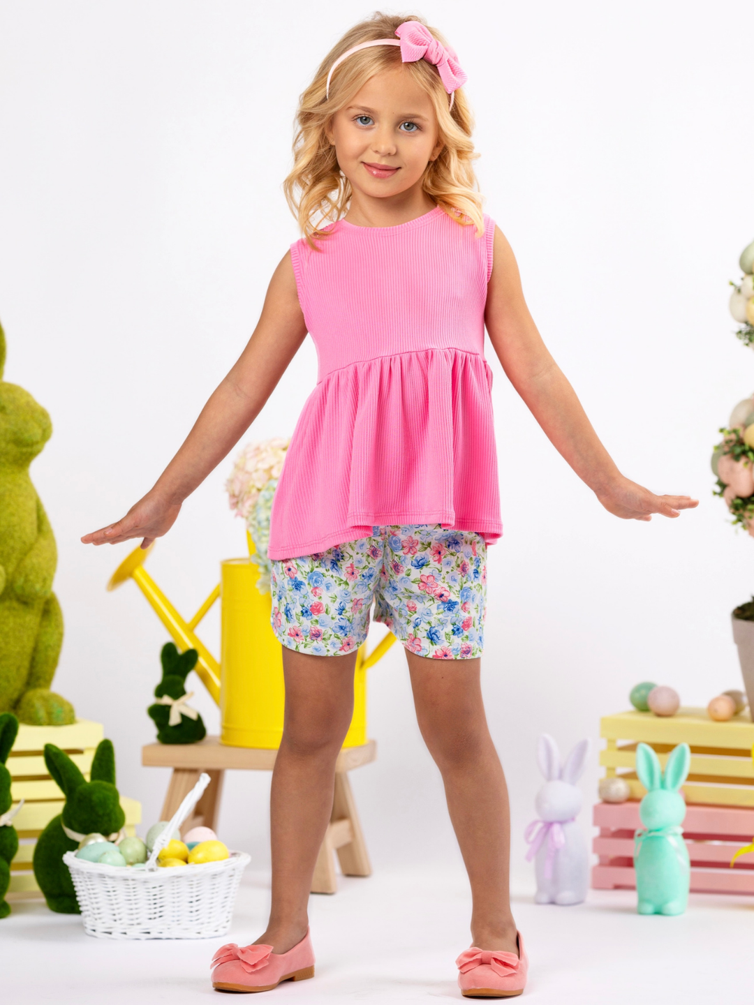Spring Petals Pink Ribbed Top & Floral Easter Short Set