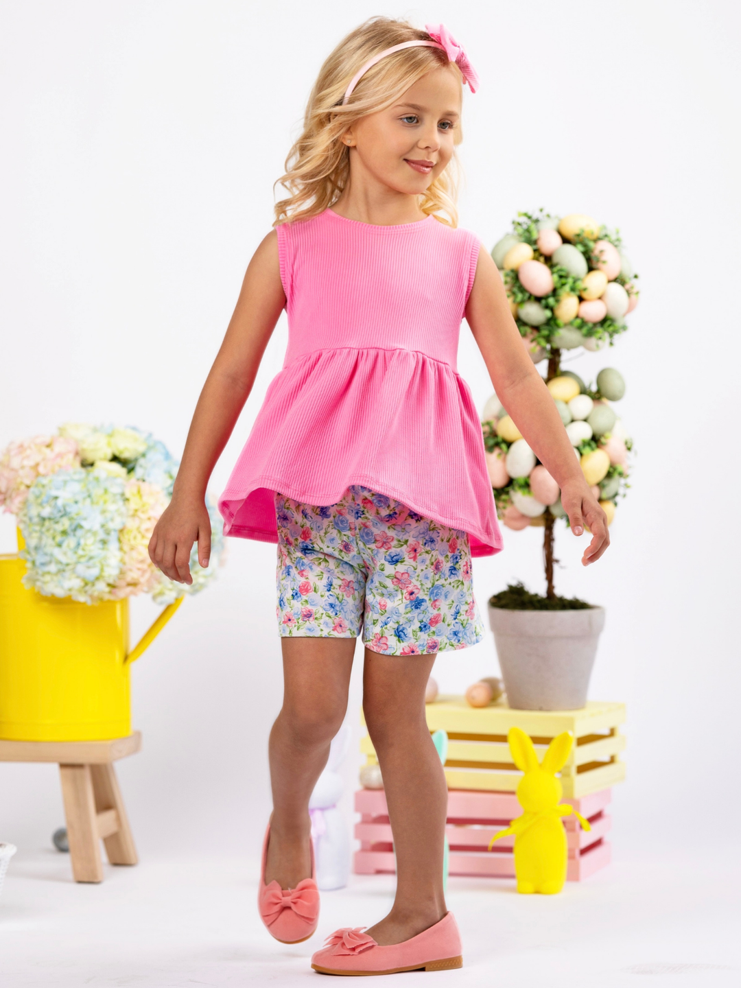 Spring Petals Pink Ribbed Top & Floral Easter Short Set