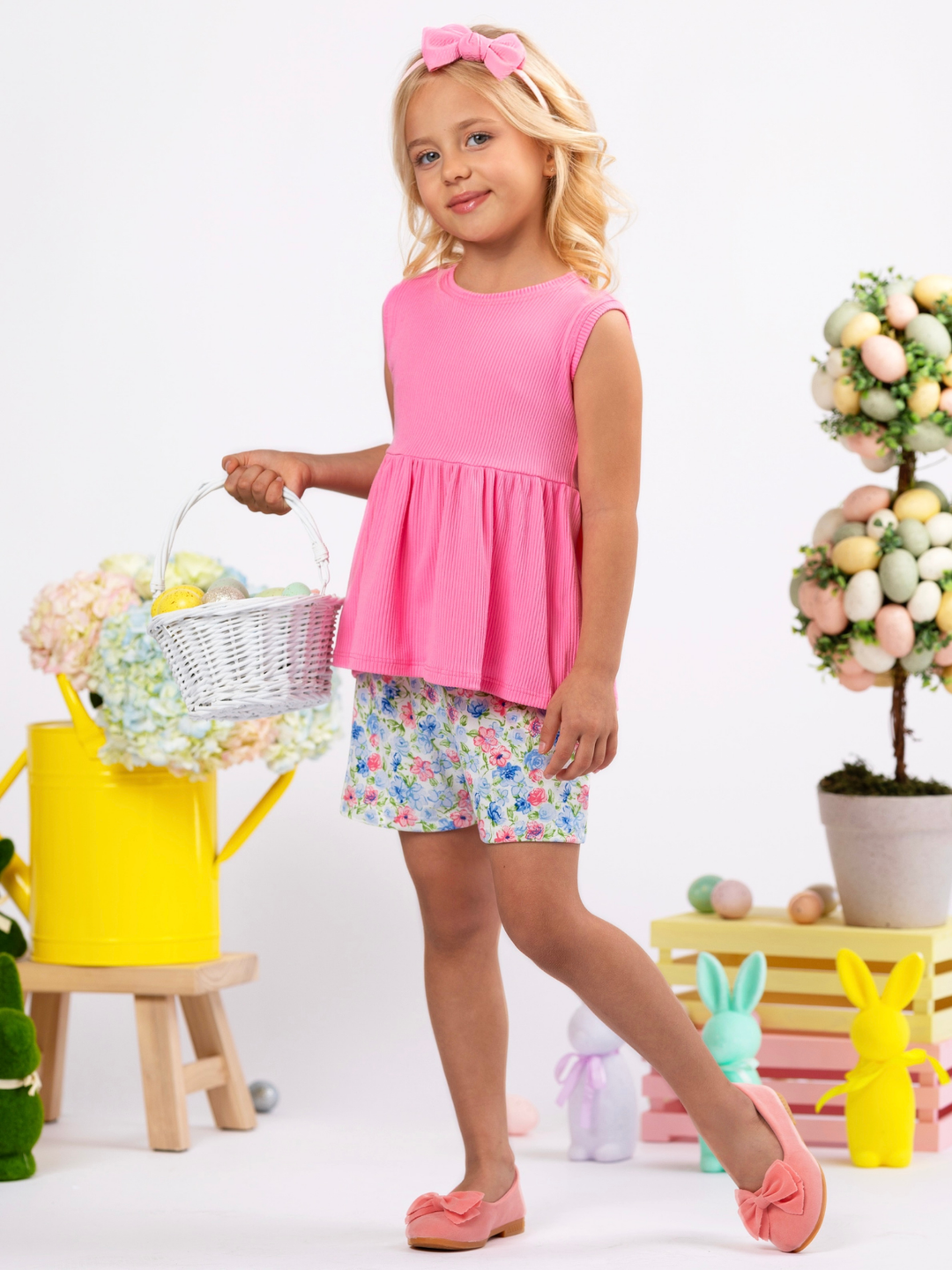 Spring Petals Pink Ribbed Top & Floral Easter Short Set