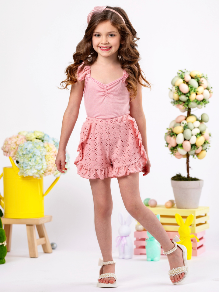 Coral Bloom Eyelet Easter Short Set