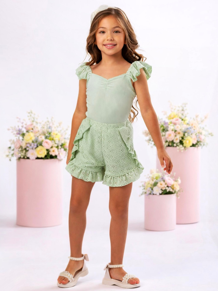girls sage green ruffle short set