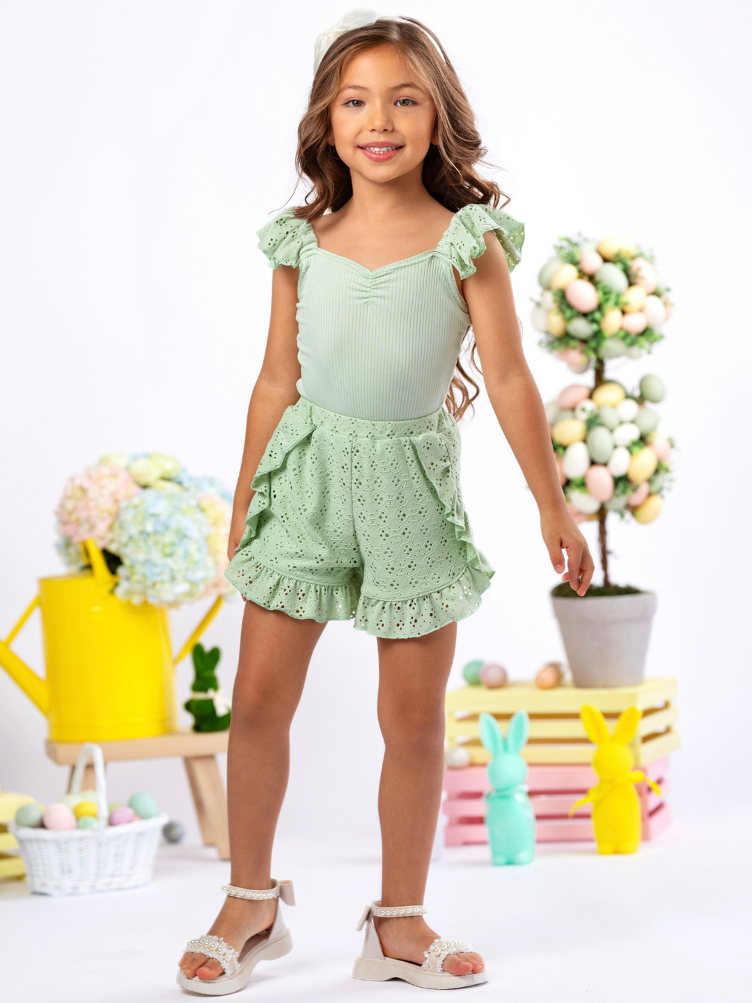 Sage Bloom Eyelet Easter Short Set