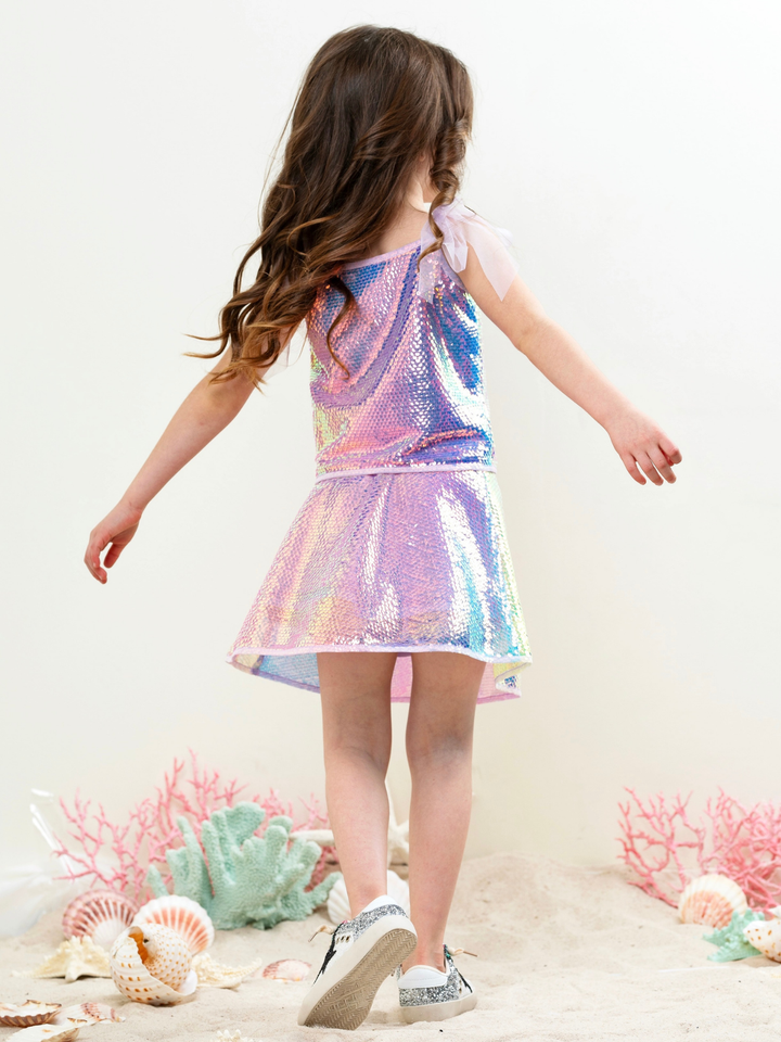 Girls party outfit with iridescent shimmer top and matching skirt