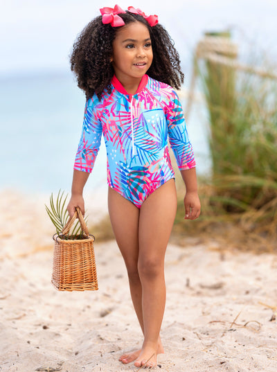 Mia Belle Girls Tropical Rash Guard Swimsuit | One Piece Swimsuits