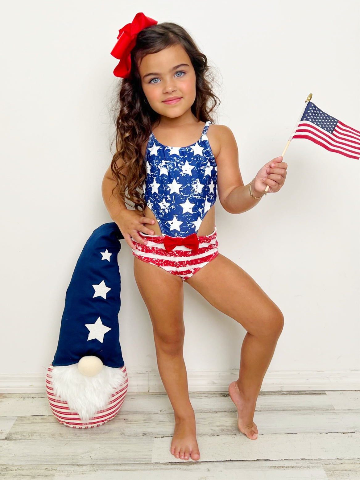 Cute Toddler Swimwear | Little Girls US Flag Open Side Piece Swimsuit