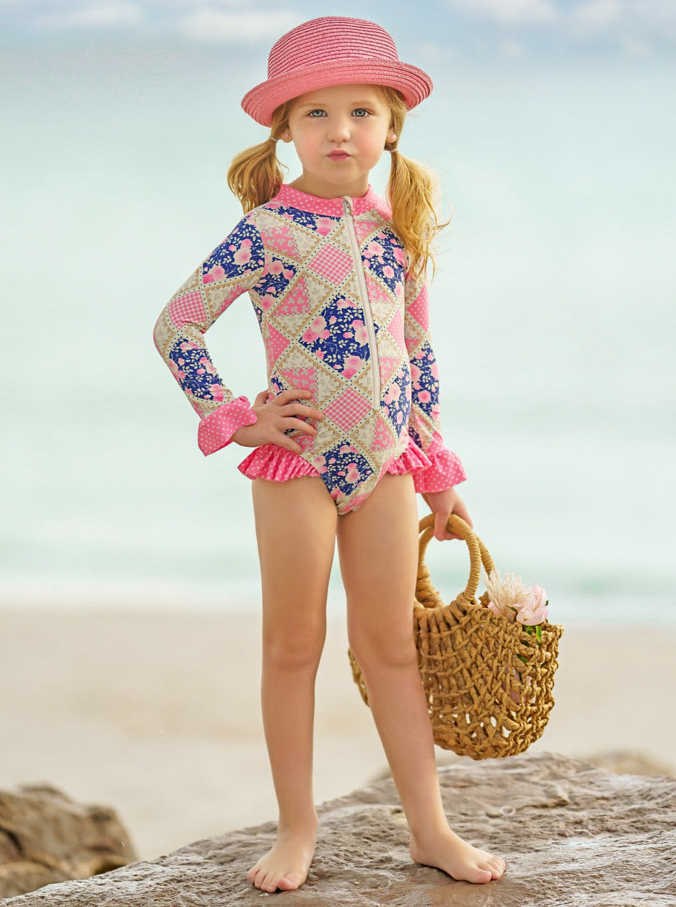 Cute Toddler Swimwear | Girls Pink Floral Patchwork One Piece Swimsuit