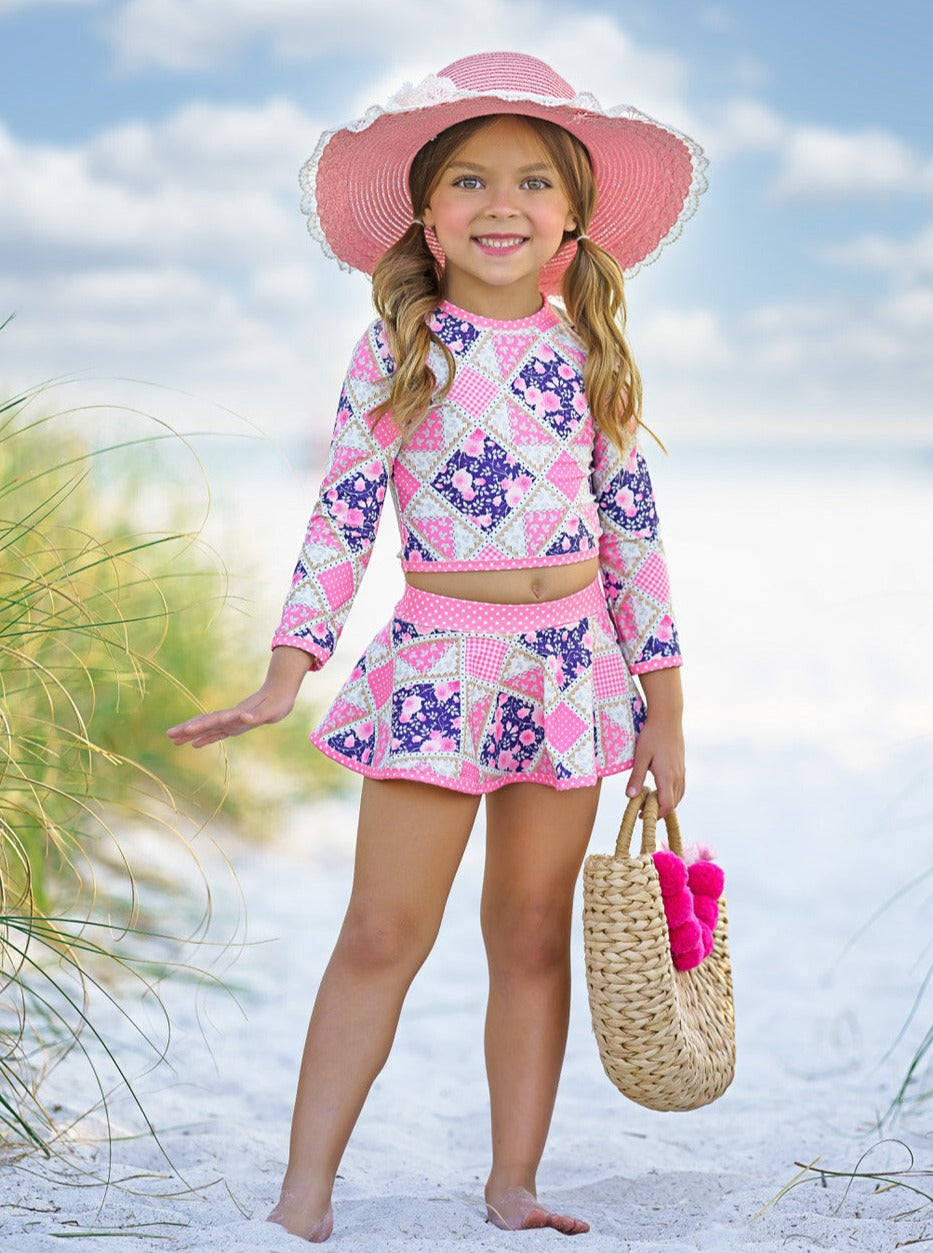 Cute Kids Swimsuit | Girls Vintage Floral Patchwork Two Piece Swimsuit