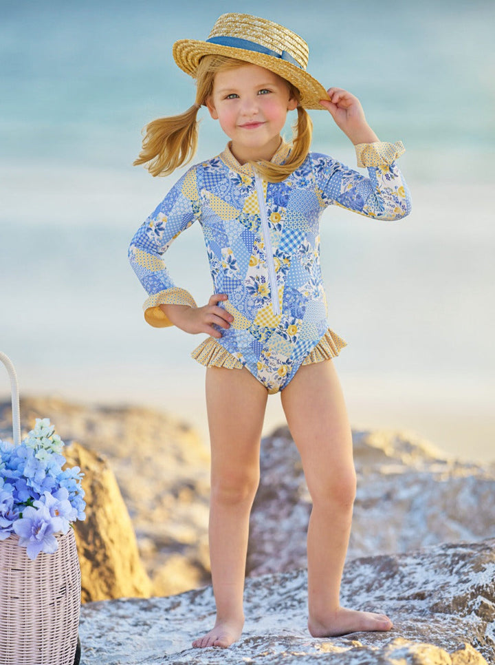 Girls Mixed Patchwork One Piece Swimsuit | Mia Belle Girls Swimwear