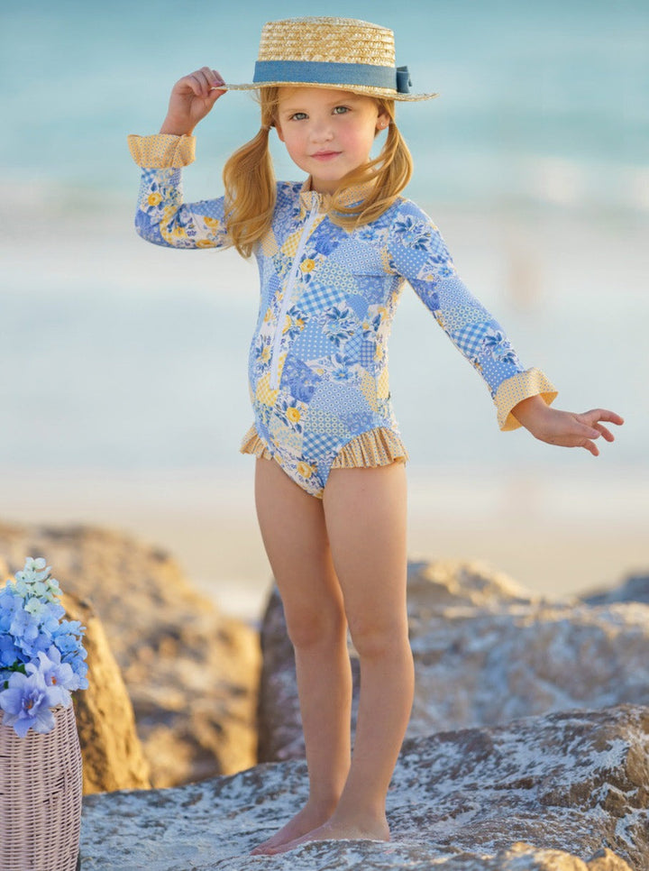 Girls Mixed Patchwork One Piece Swimsuit | Mia Belle Girls Swimwear