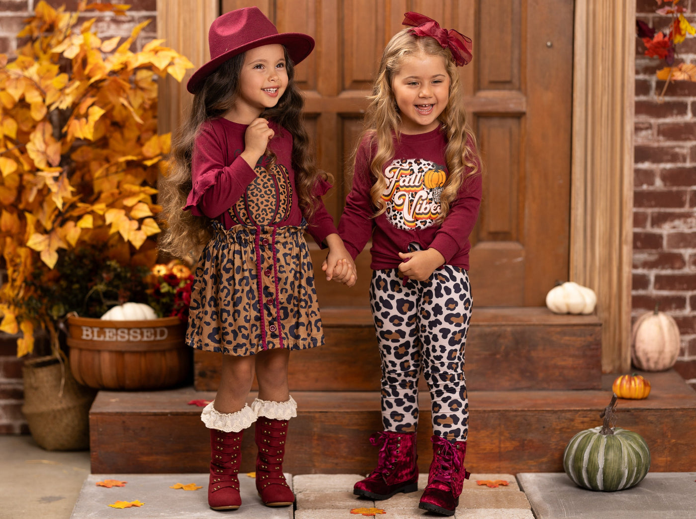 Mia Belle Girls Fall Leopard Print Pumpkin Top & Skirt Set