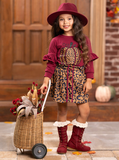 Mia Belle Girls Fall Leopard Print Pumpkin Top & Skirt Set