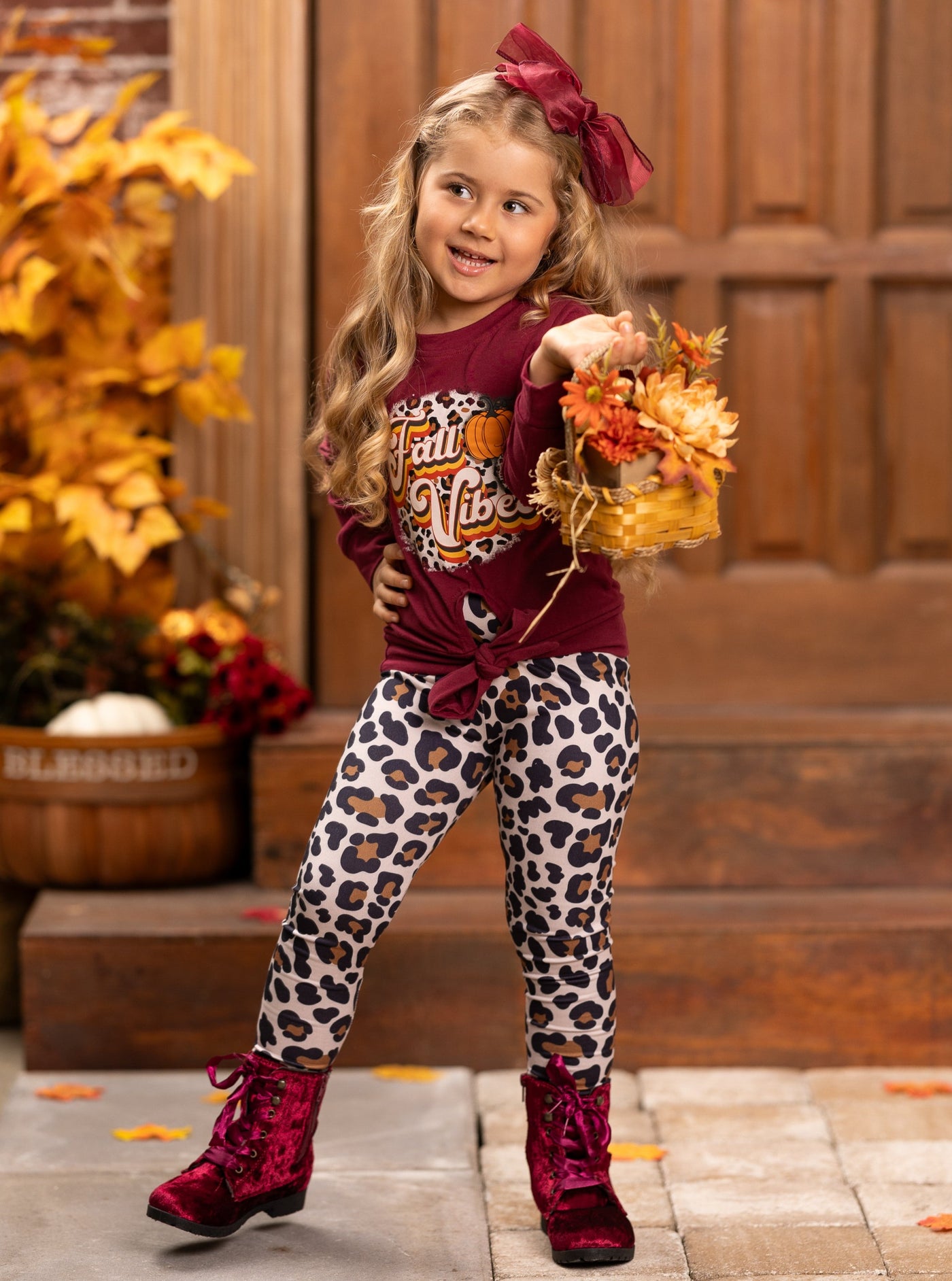 Fall Vibes Knot Hem Girls Belle Pullover - Leopard Set And Mia Legging