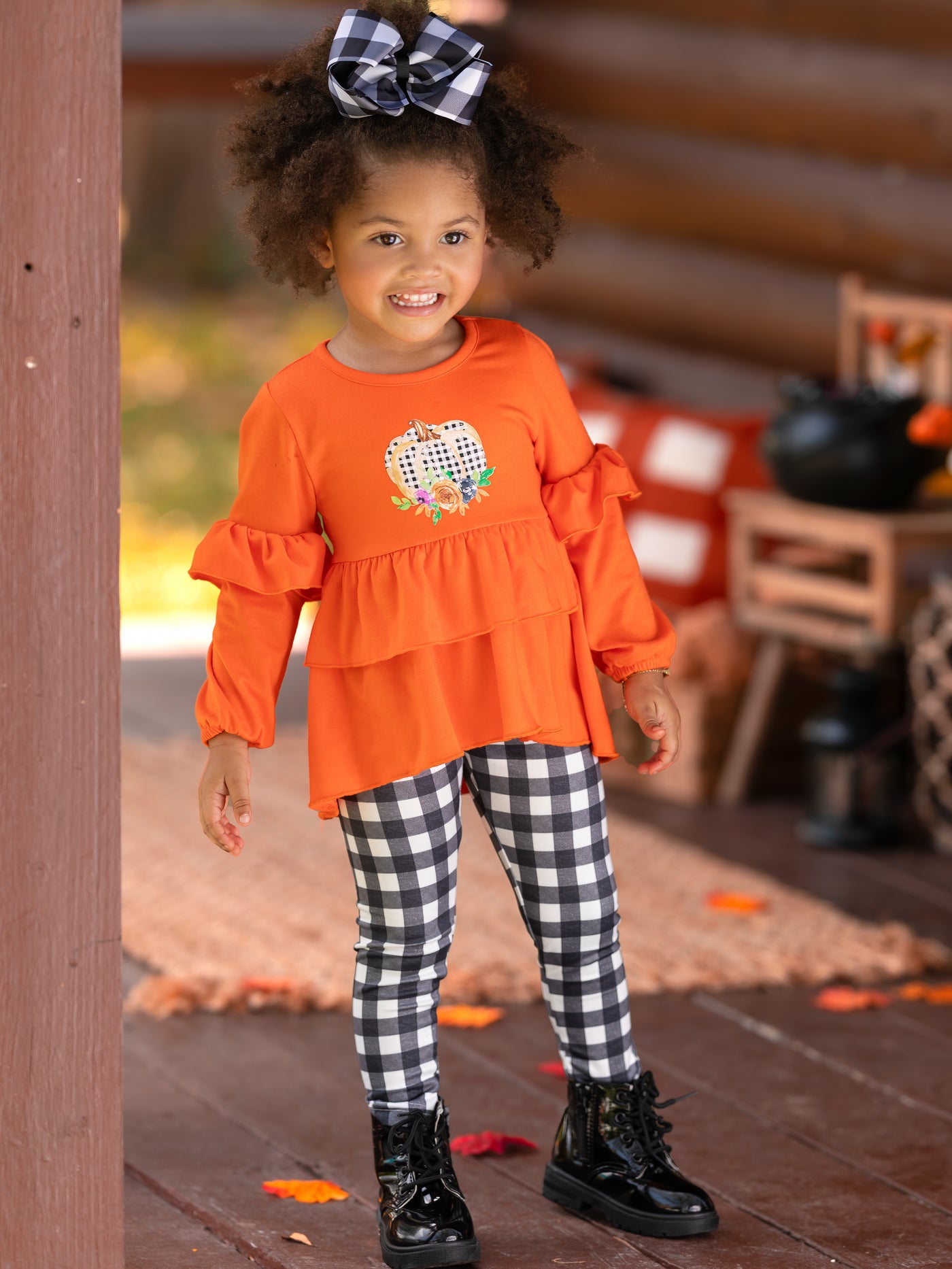 Toddler Fall Clothes | Pumpkin Hi-Lo Ruffle Tunic Plaid Legging Set