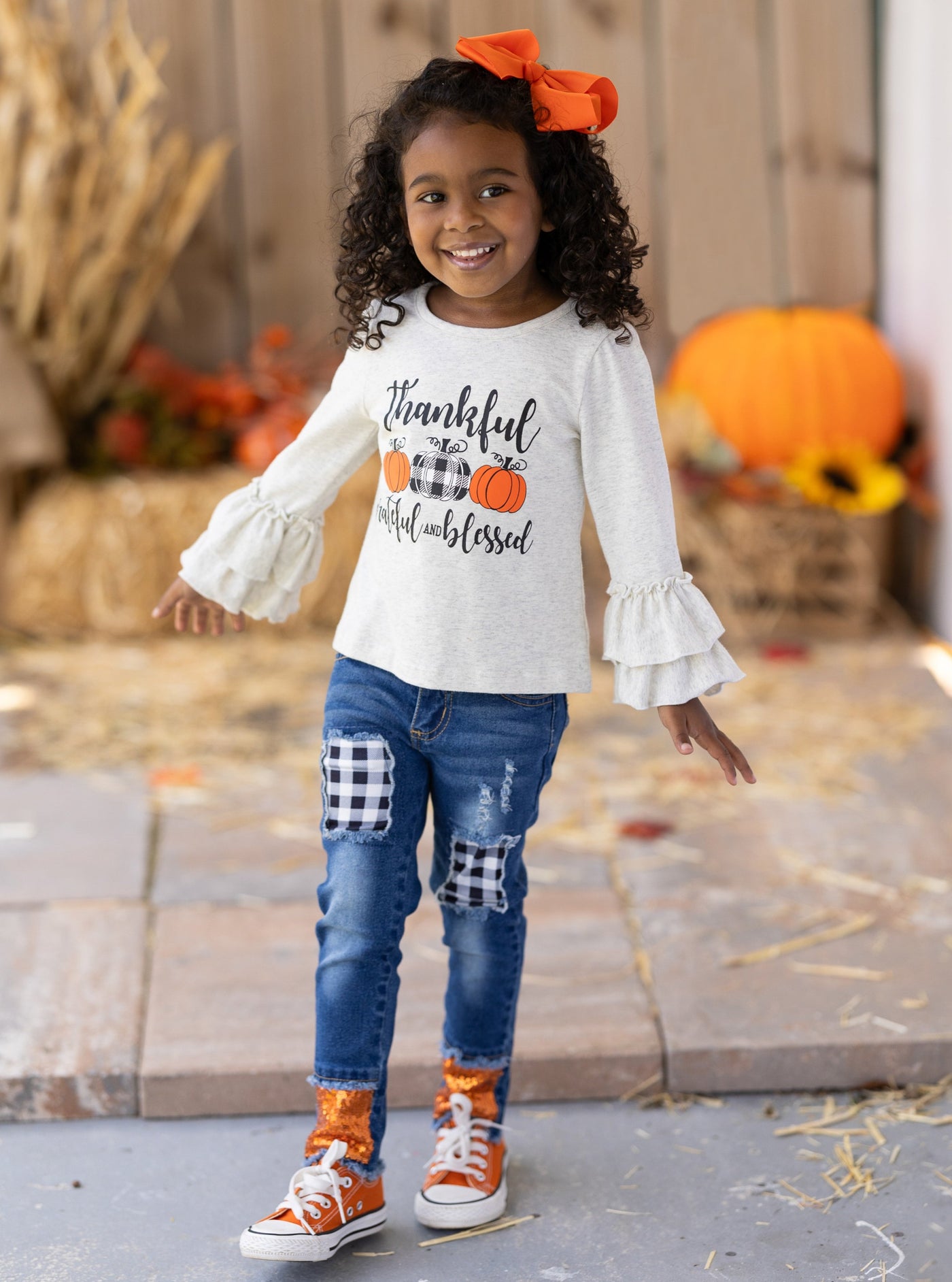 Grateful Ruffle Top & Sequin Cuffed Patched Jeans Set -Mia Belle Girls