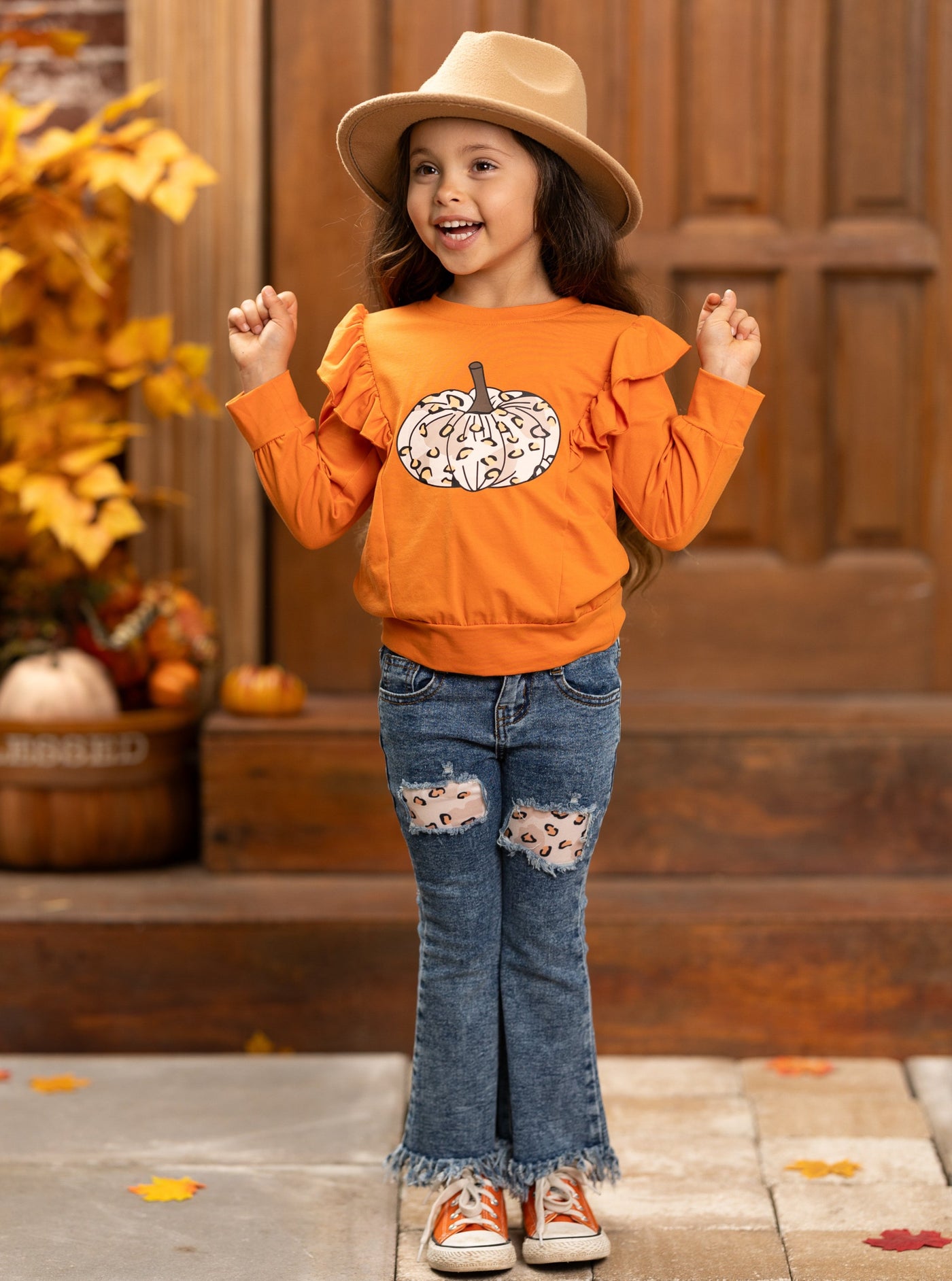 Pumpkin Party Pullover & Patched Fringe Hem Jeans Set - Mia Belle Girl…