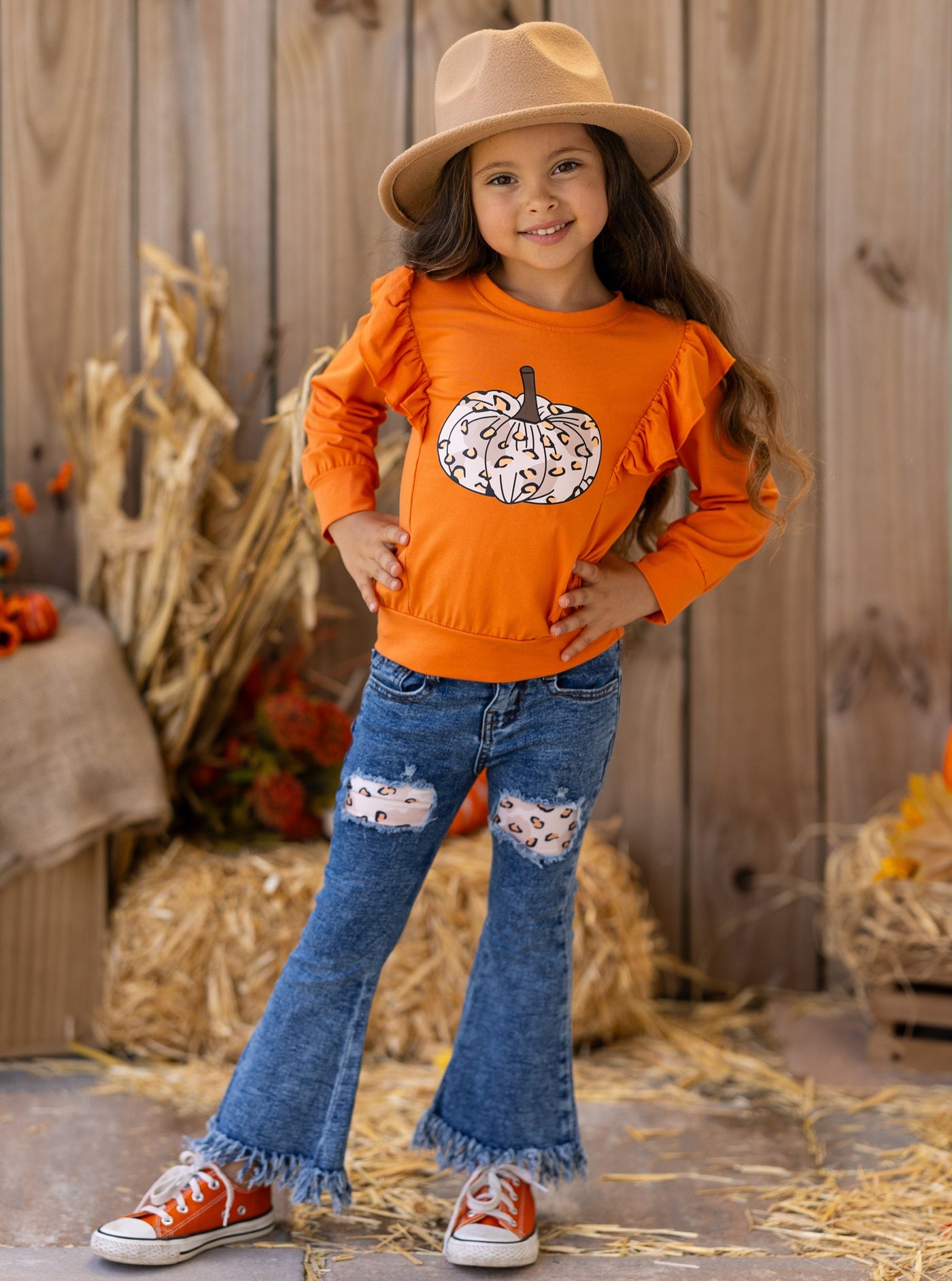 Pumpkin Party Pullover & Patched Fringe Hem Jeans Set - Mia Belle Girl…