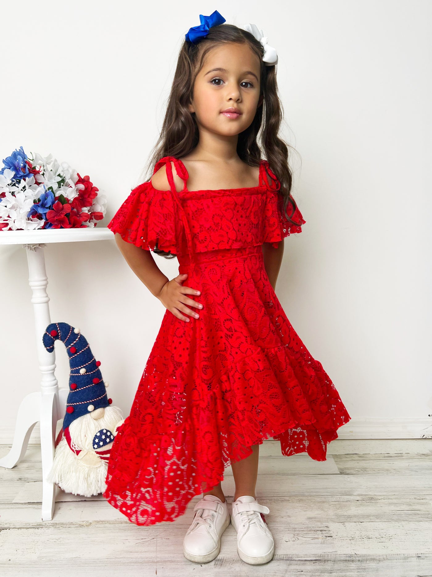 Little Girls Summer Dresses | Red Cold Shoulder Maxi Eyelet Sundress 