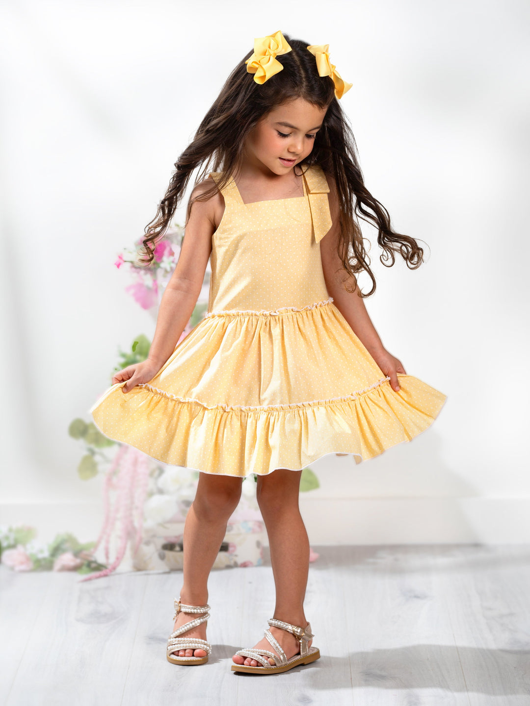 KidsCouture x Mia Belle Girls Yellow Polka Dot Smocked Ruffle Dress KidsCouture x Mia Belle Girls Yellow Polka Dot Smocked Ruffle Dress
