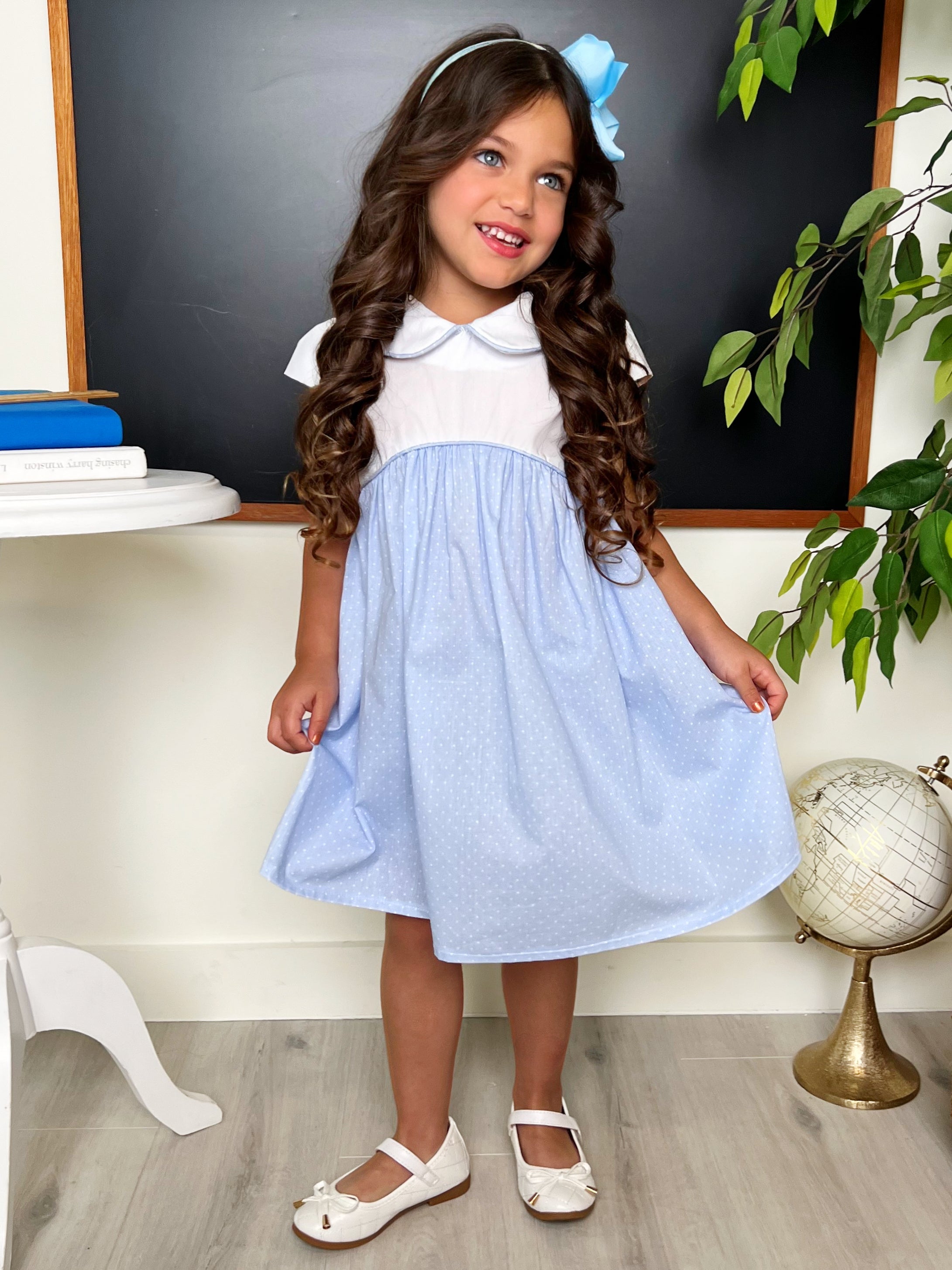 KidsCouture x Mia Belle Girls Blue Polka Dot A-Line Dress