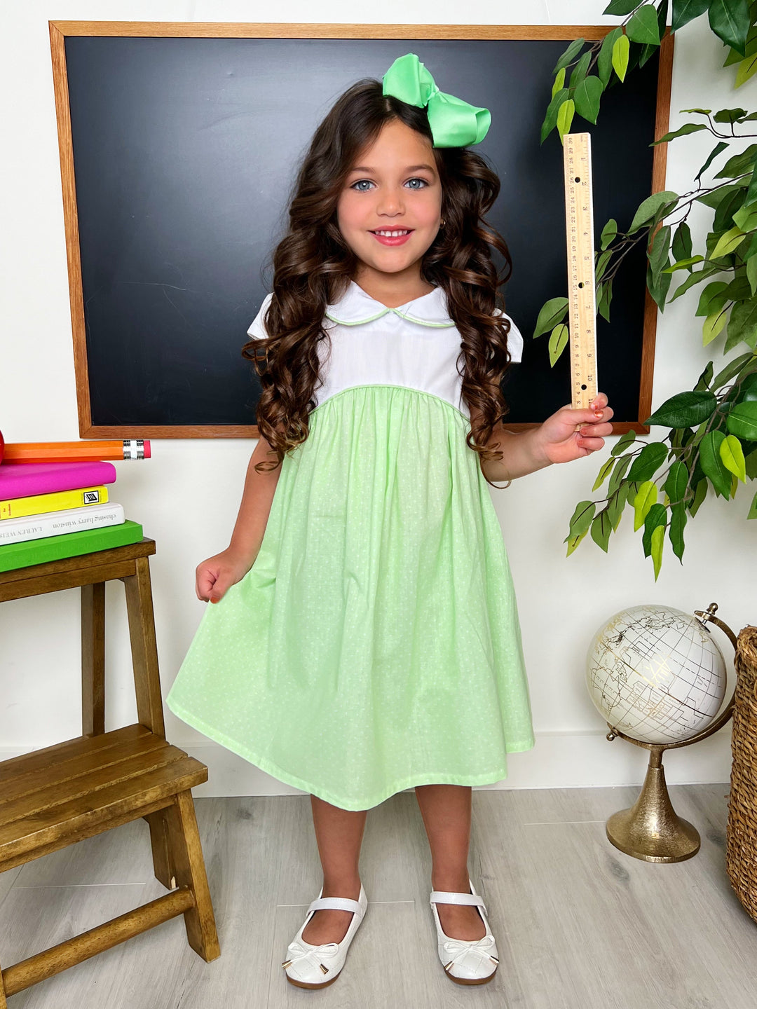 Kids Couture x Mia Belle Girls Green Polka Dot A-Line Dress Kids Couture x Mia Belle Girls Green Polka Dot A-Line Dress