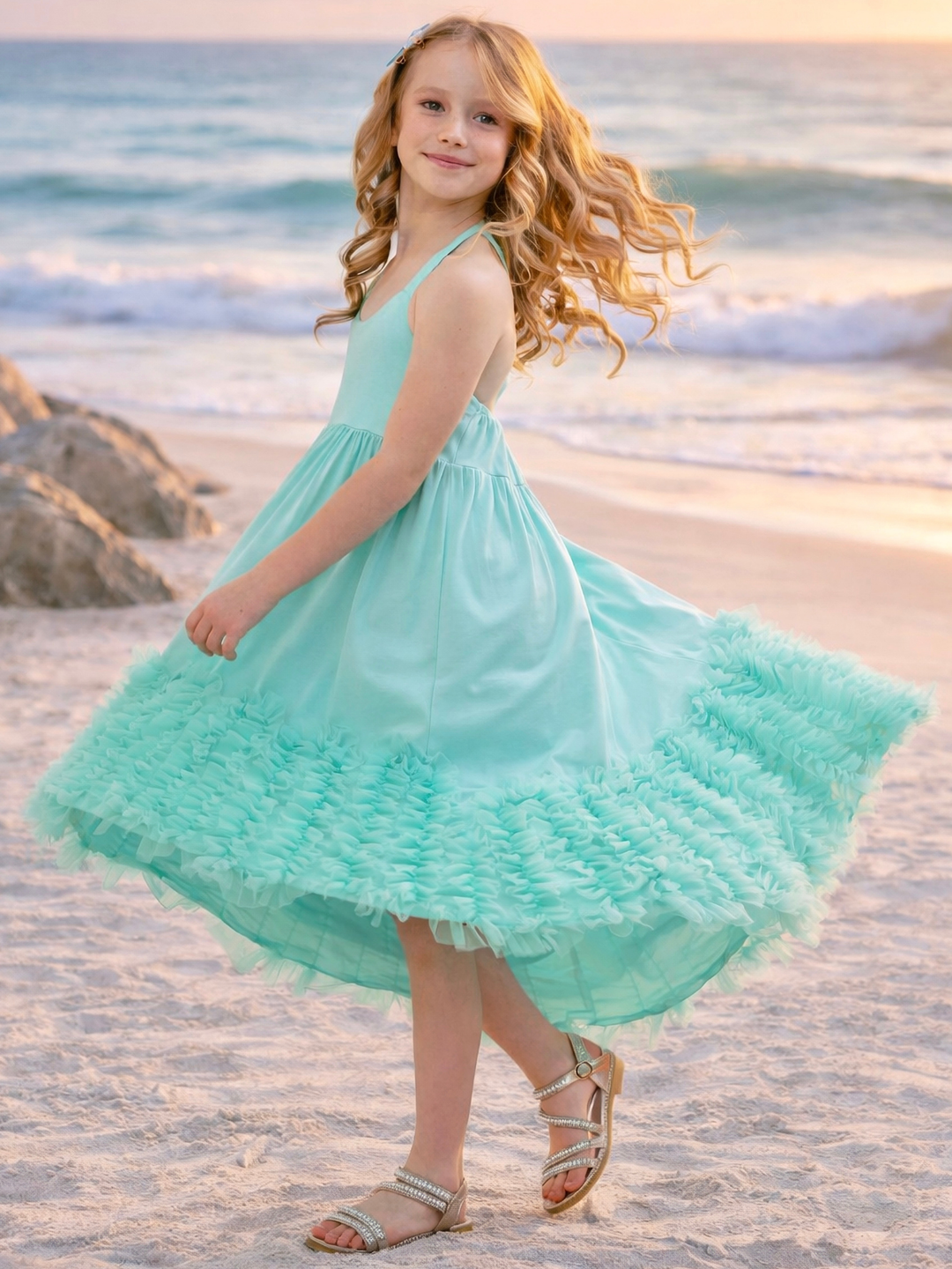 Seafoam Halter Maxi Dress for Girls | Ruffle Beach Dress Mia Belle Girls Seafoam Halter Maxi Dress for Girls | Ruffle Beach Dress Mia Belle Girls
