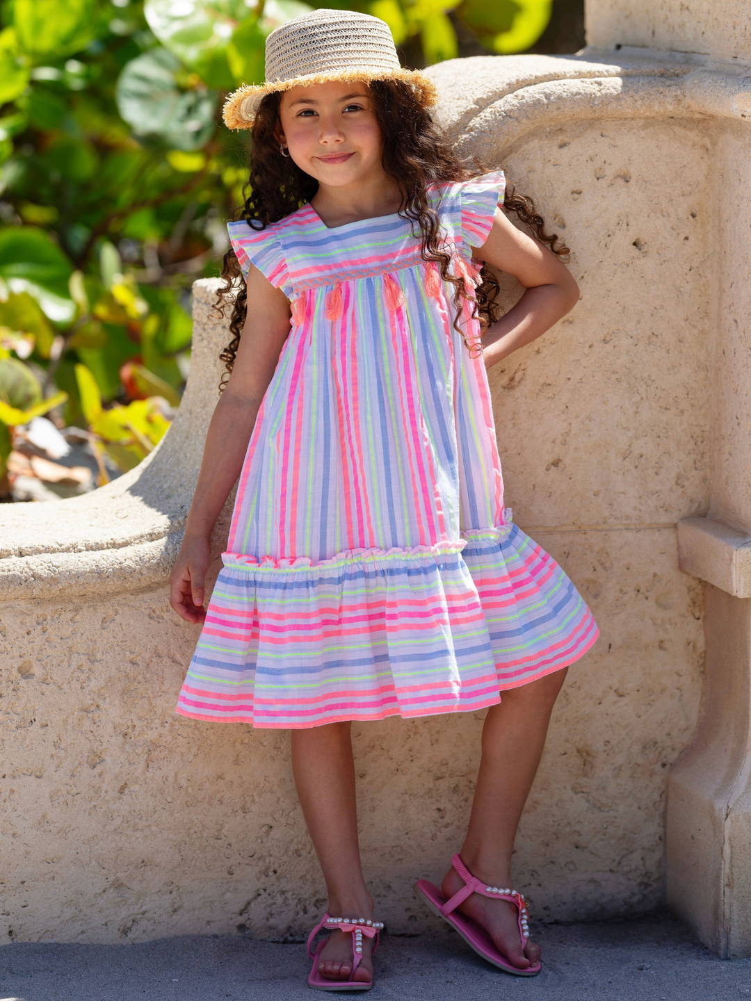 colorful girls vacation dress with tassel neckline detail