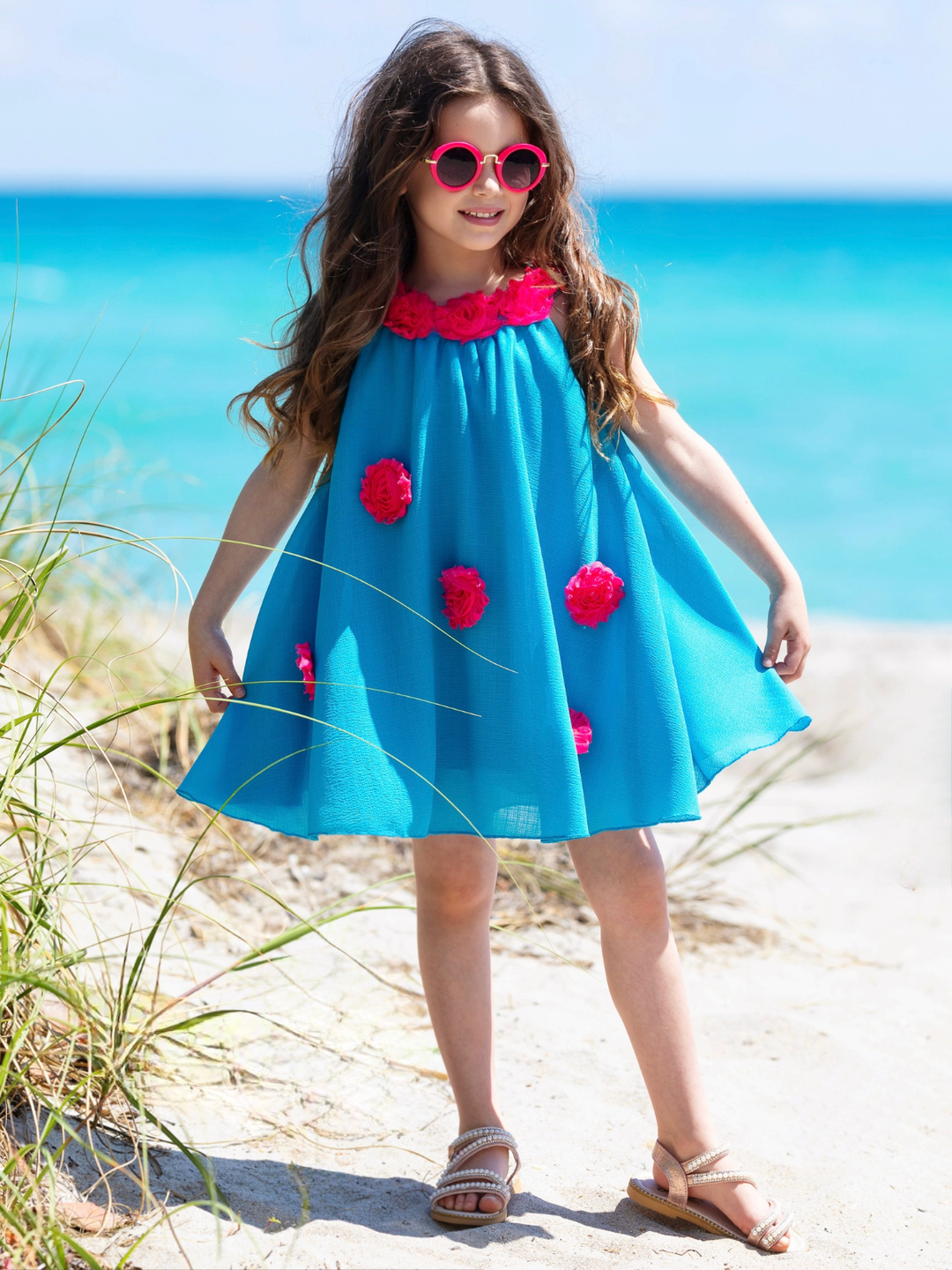 girls trendy summer dress teal floral detail