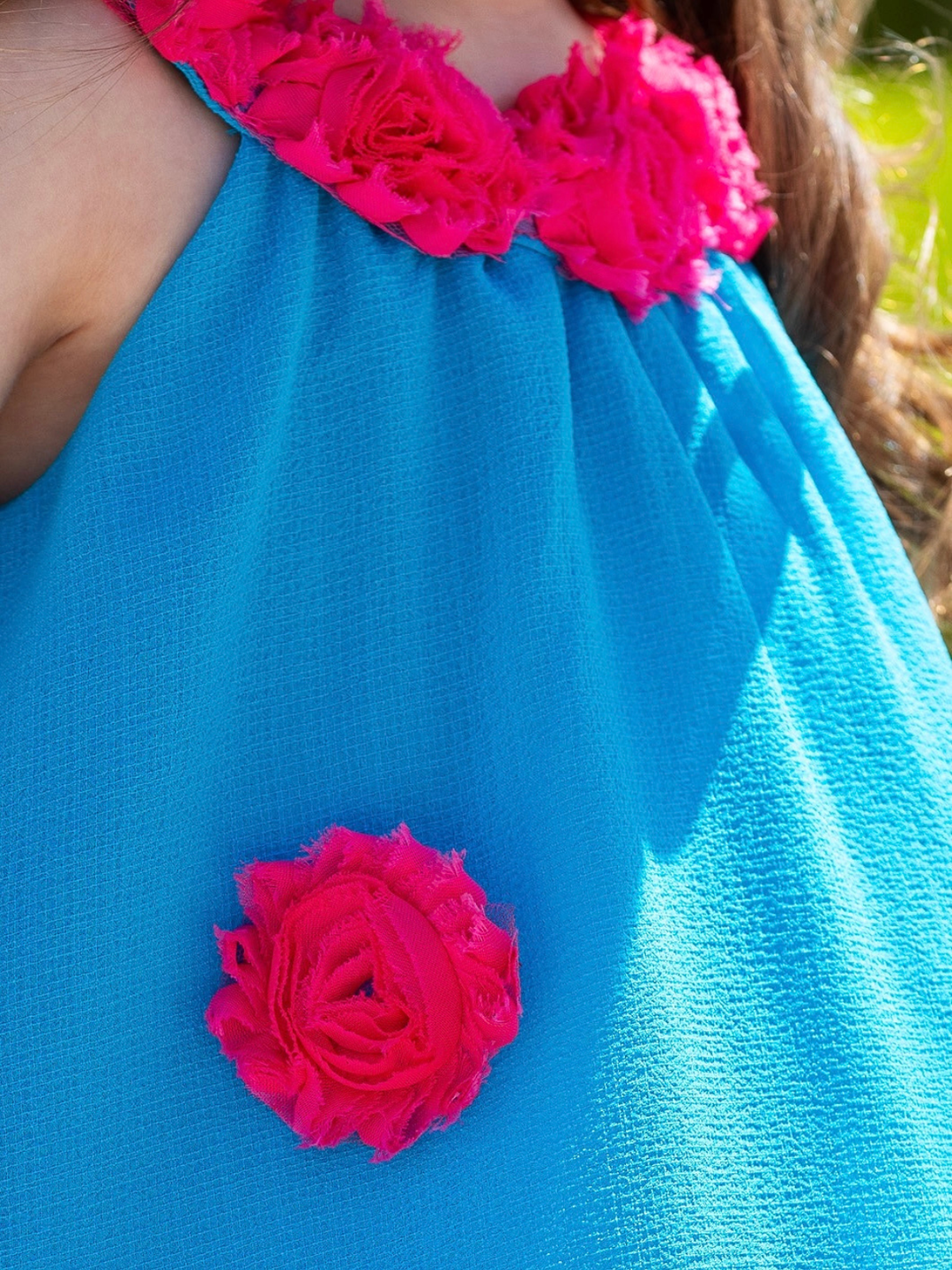 girls vacation dress teal color with floral appliqué design