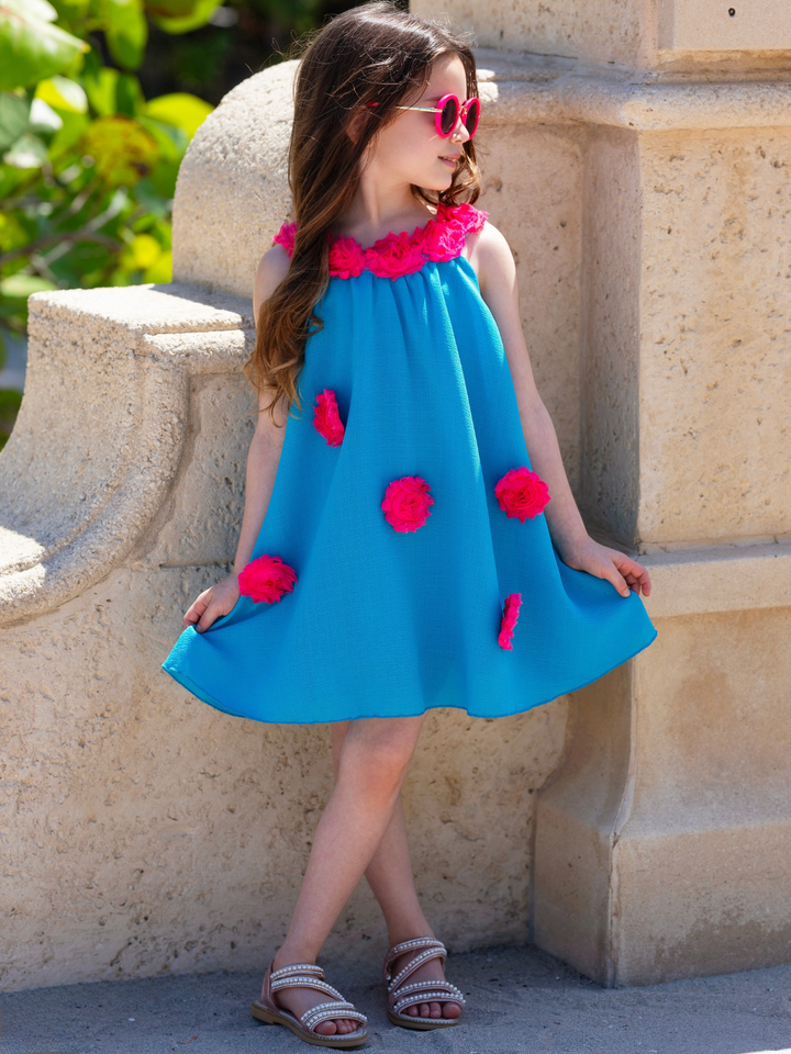 kids teal swing dress with pink flower accents summer outfit