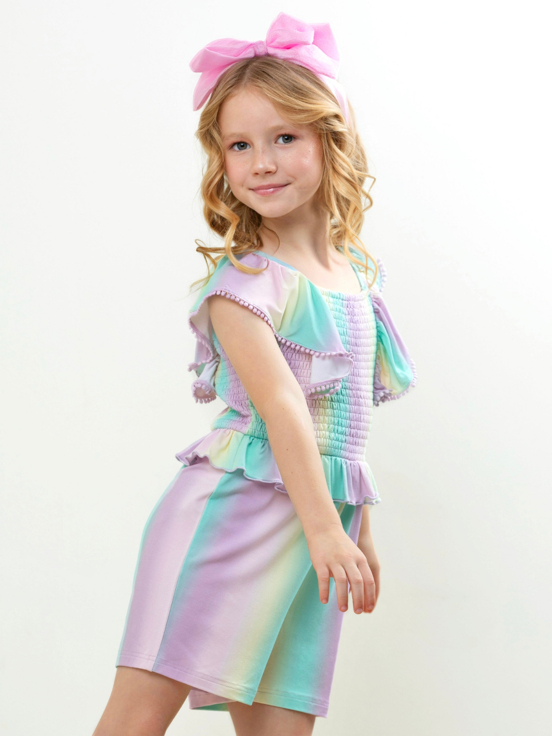 pastel rainbow romper for girls with flutter sleeves