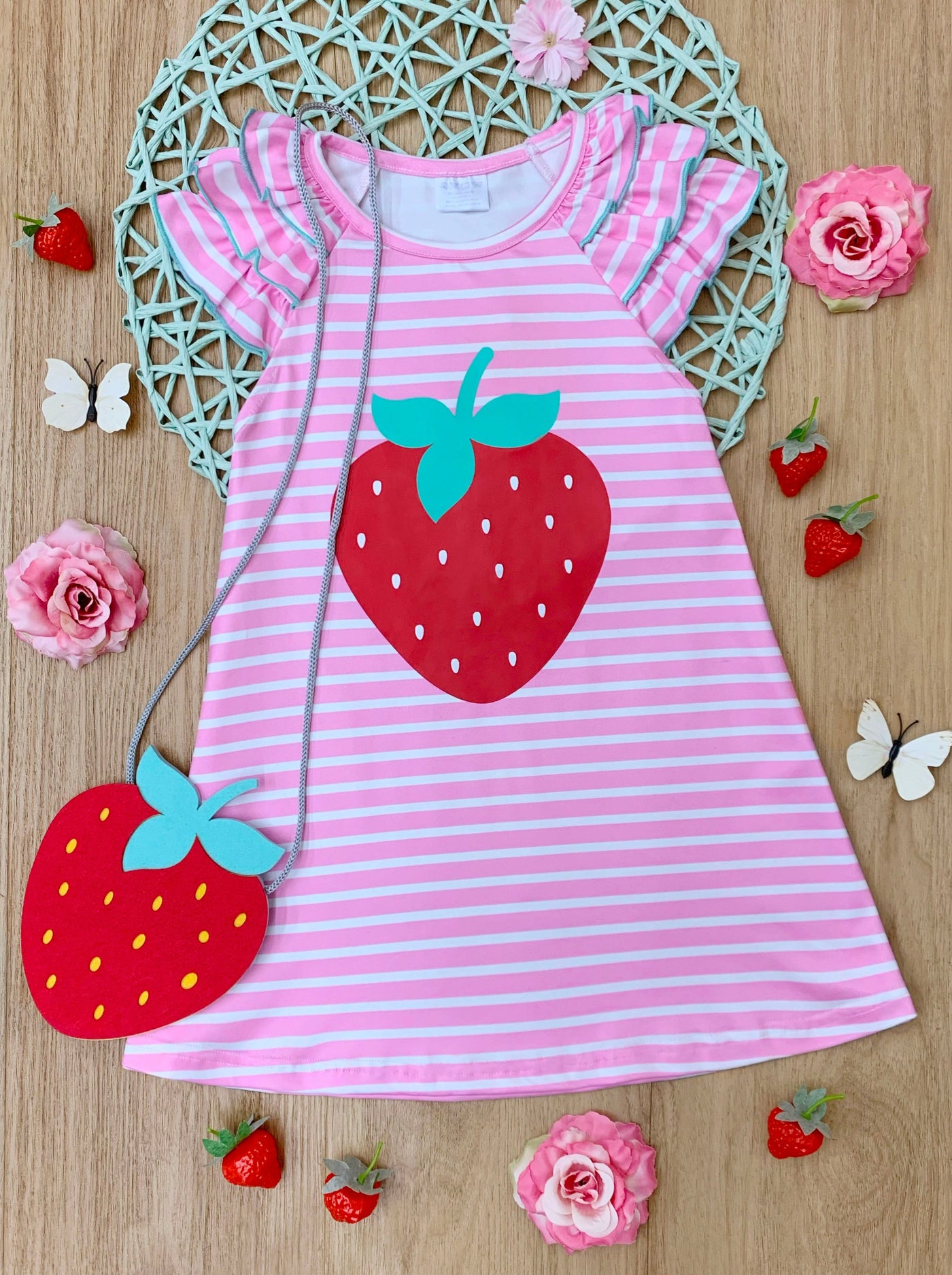 Mia Belle Girls Strawberry Striped Dress And Purse | Girls Spring Sets