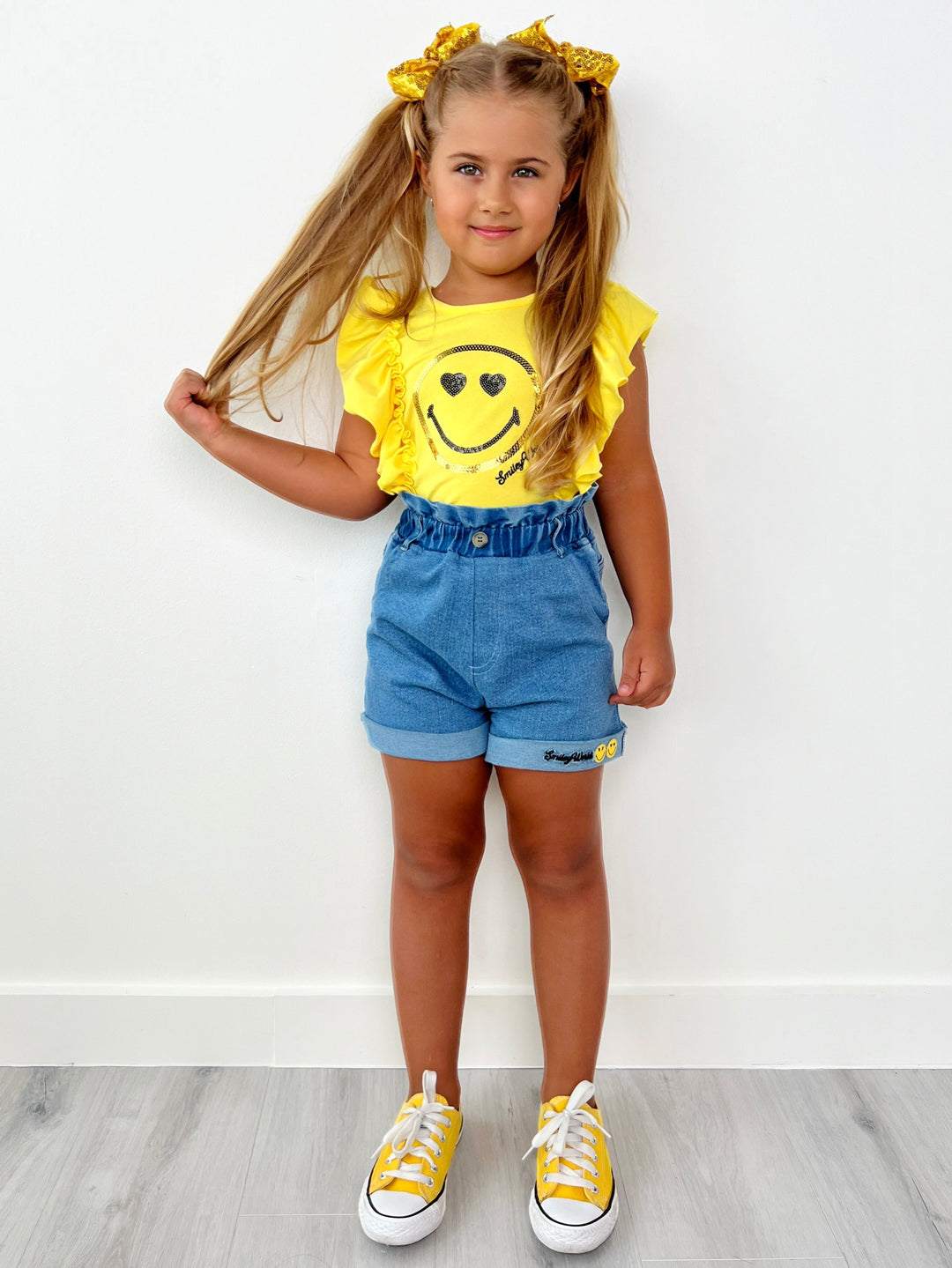 SmileyWorld® Flutter Sleeve Top And Denim Shorts Set Mia Belle Girls