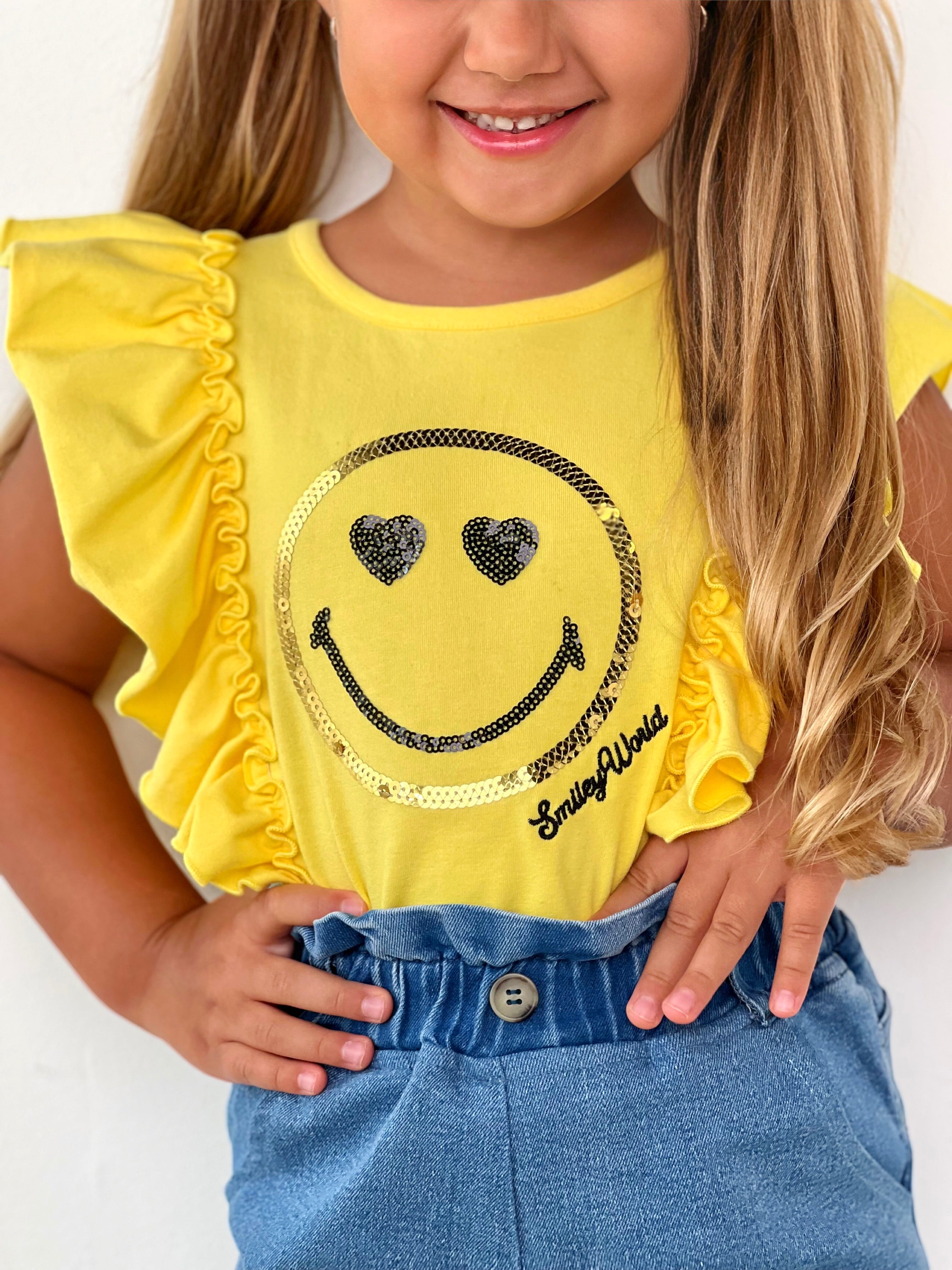 SmileyWorld® Flutter Sleeve Top And Denim Shorts Set | Mia Belle Girls