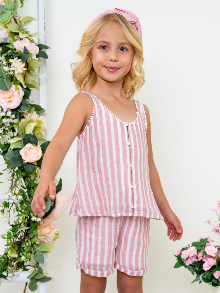 Cute girls vacation outfit with pink striped top and shorts