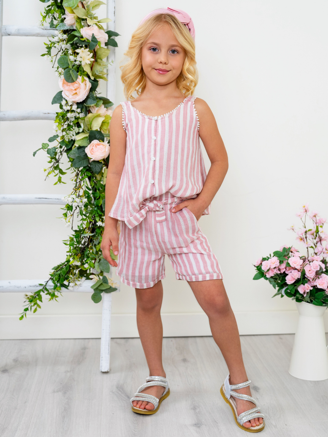 Girls pink stripe summer outfit with matching shorts
