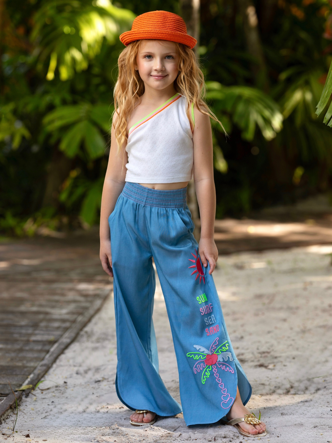Sun Glow One-Shoulder Top & Embroidered Pant Set Mia Belle Girls