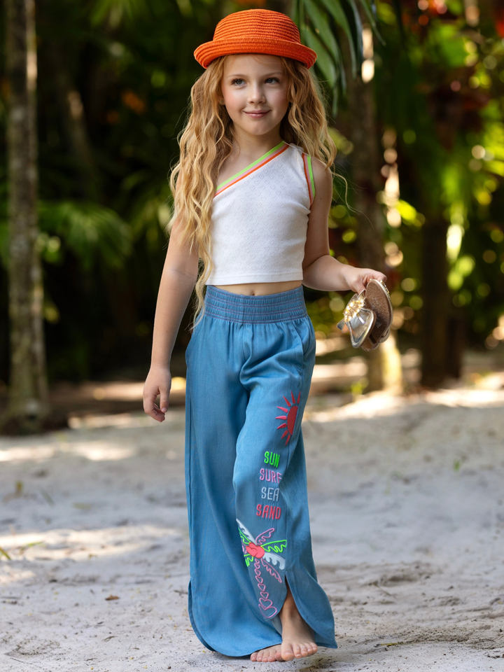 Sun Glow One-Shoulder Top & Embroidered Pant Set Mia Belle Girls