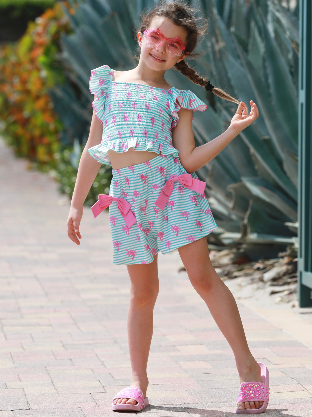 girls playwear set mint stripe with bows and ruffles