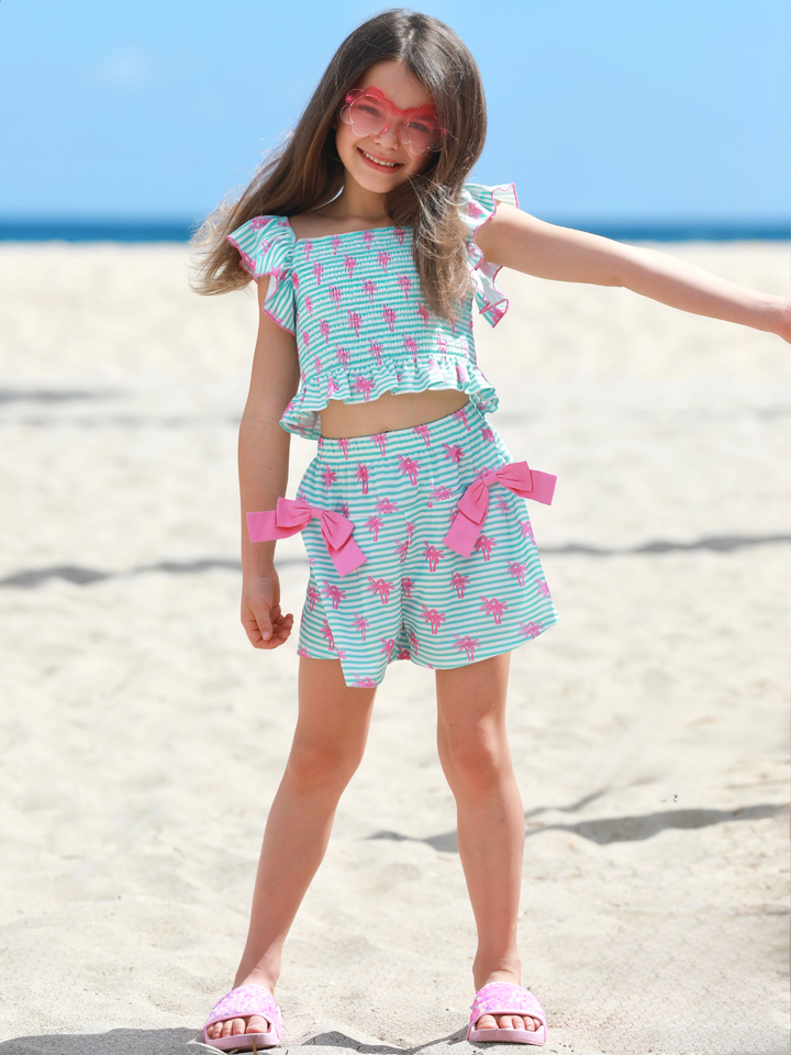 kids tropical outfit mint striped top and shorts summer set