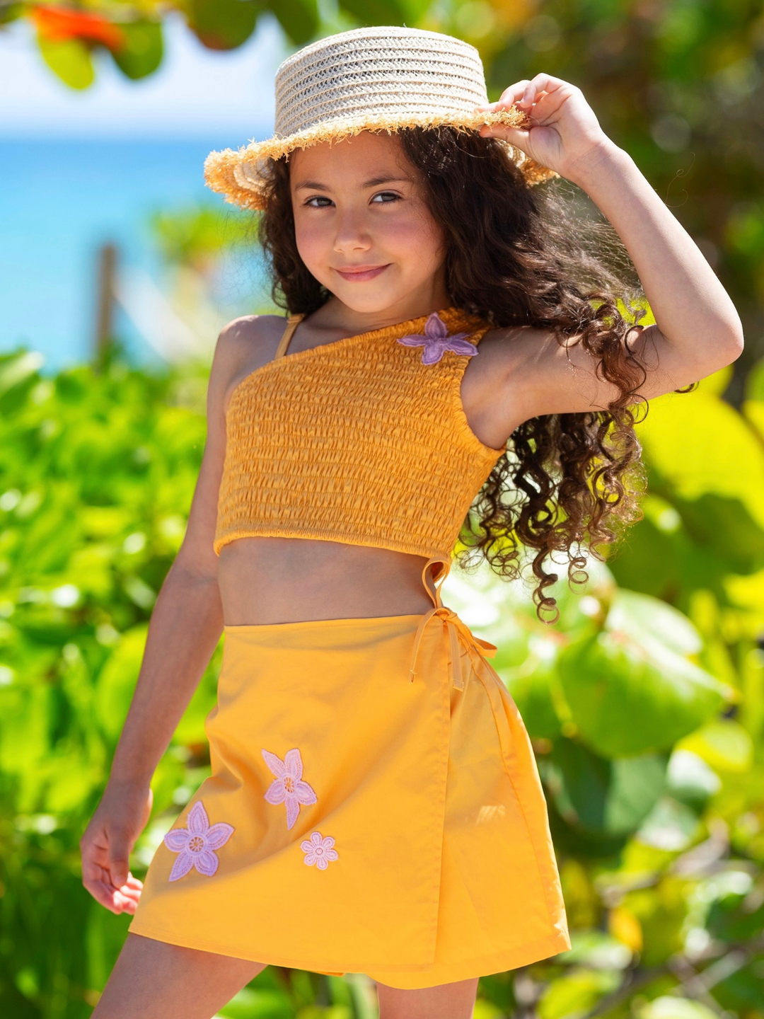 stylish girls summer outfit yellow floral skirt set beach vacation look