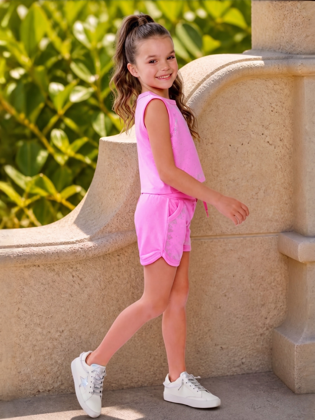girls everyday outfit pink matching short set