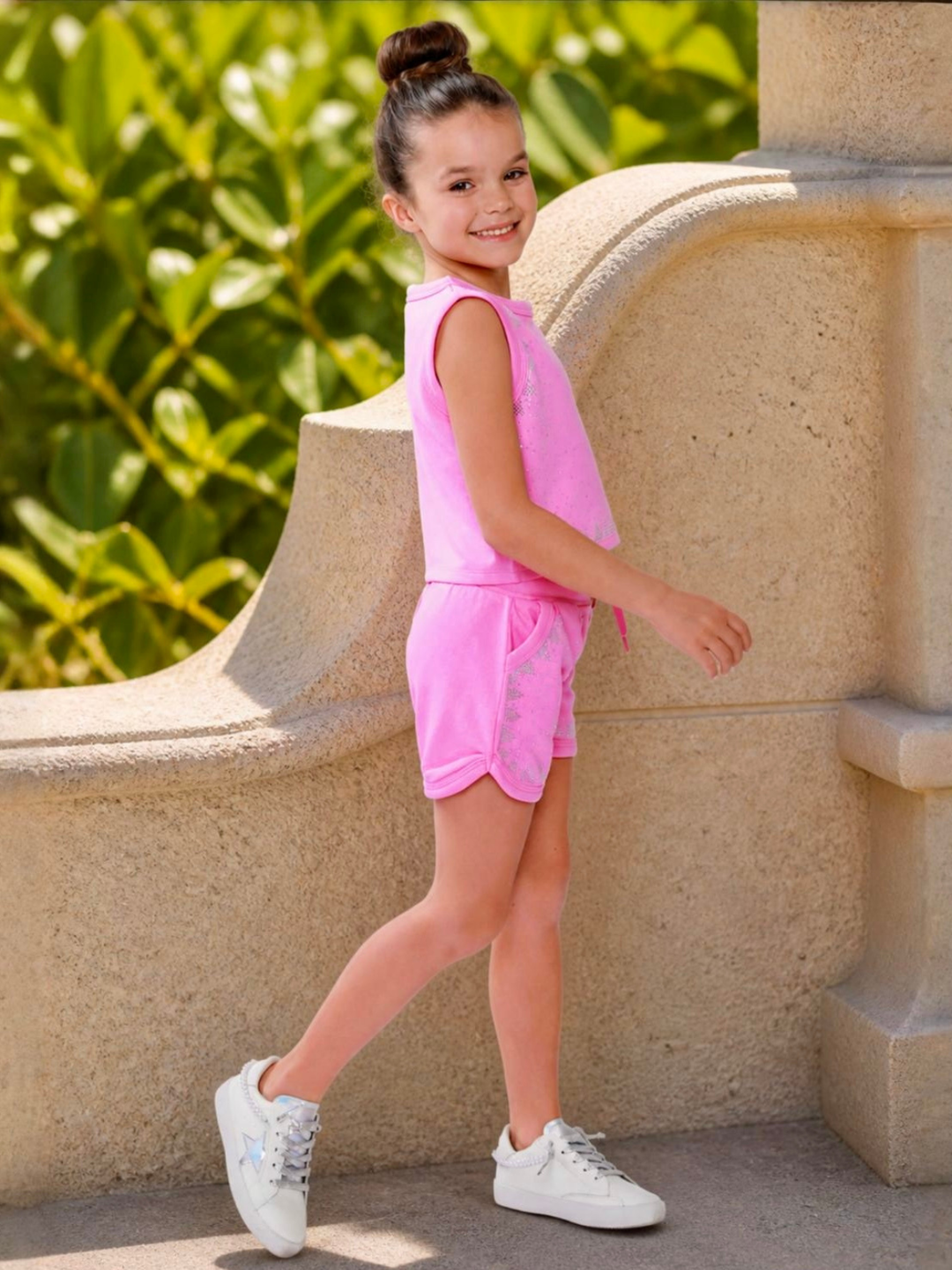 girls everyday outfit pink matching short set