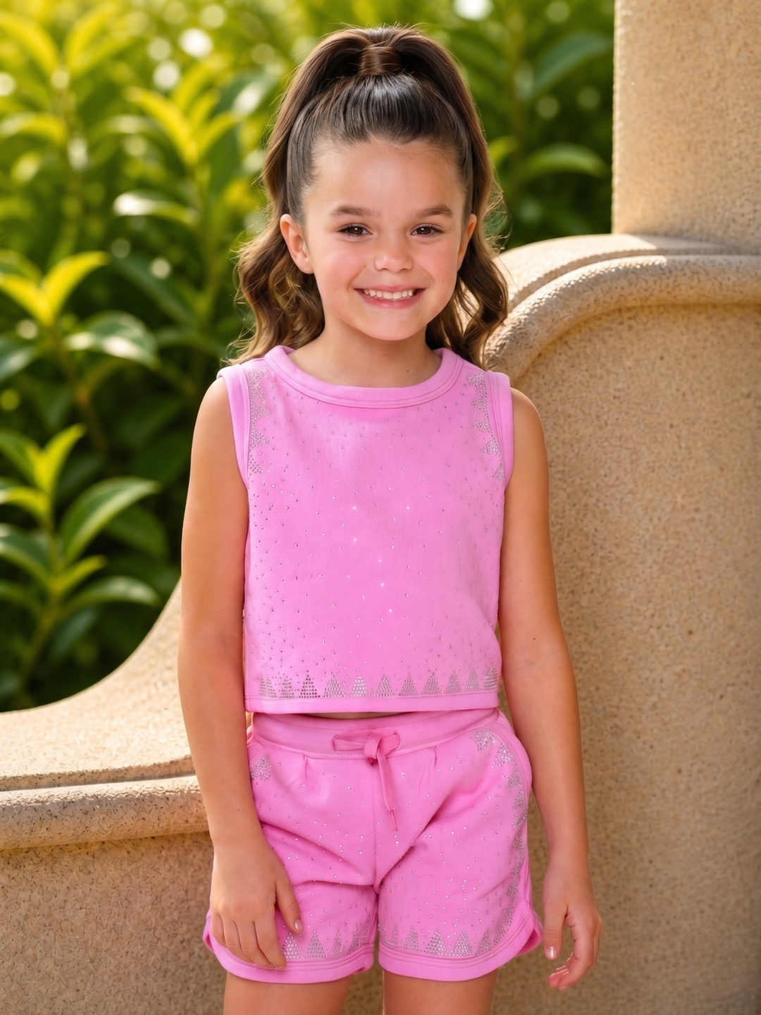girl wearing pink sleeveless top and shorts set casual outfit