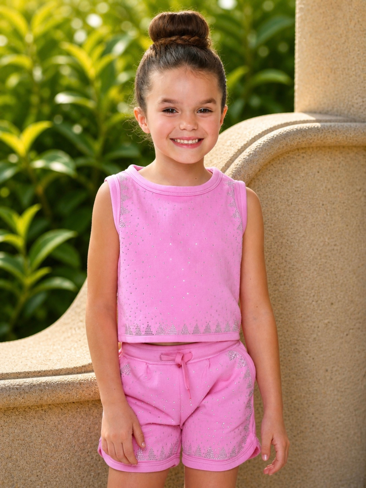 girl wearing pink sleeveless top and shorts set casual outfit