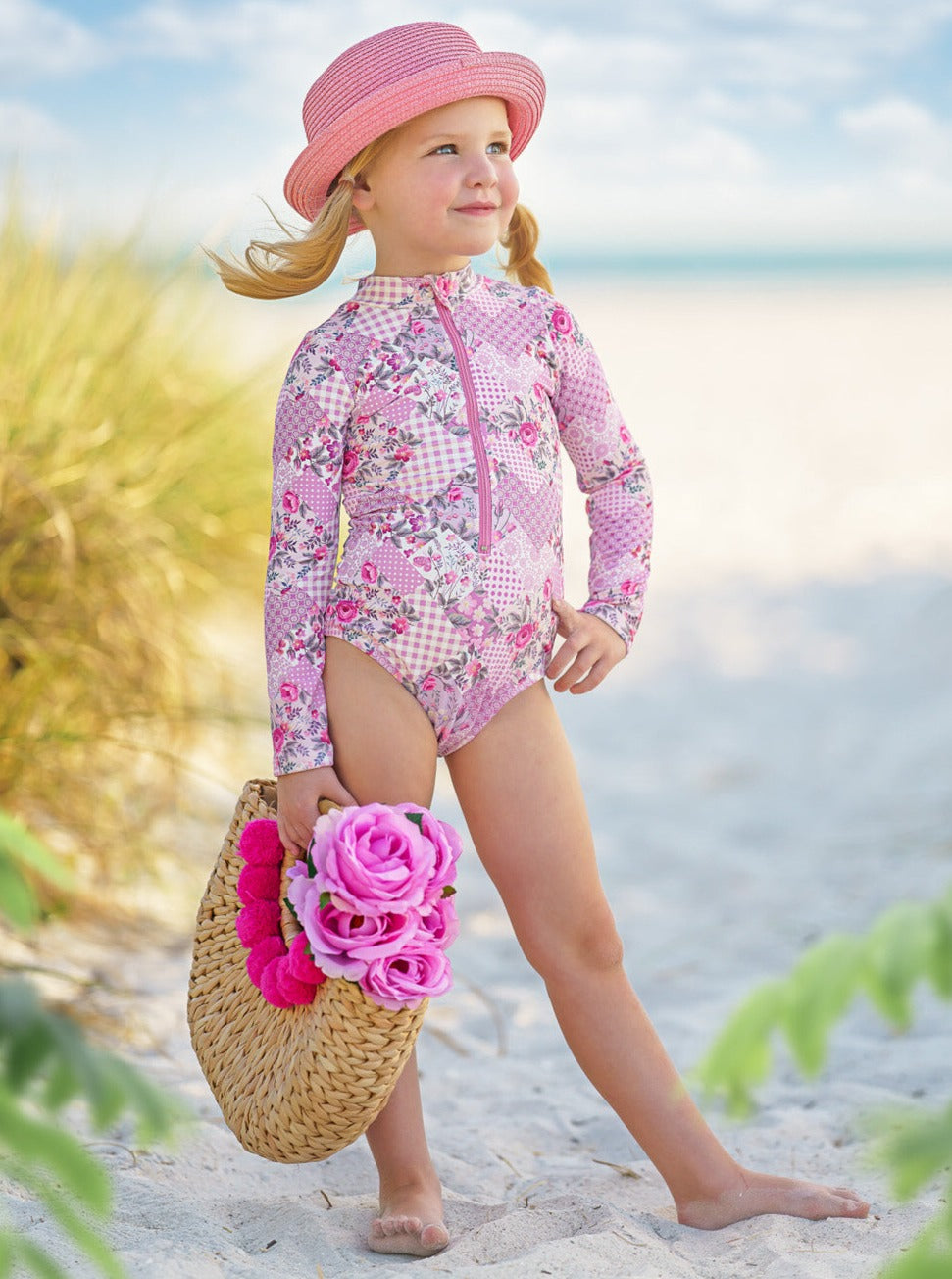Girls Pink Patchwork One Piece Swimsuit | Mia Belle Girls Swimwear Pink / 6Y/6X