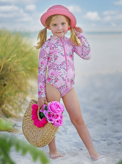 Toddler Swimwear | Girls Pink Floral Patchwork One Piece Swimsuit