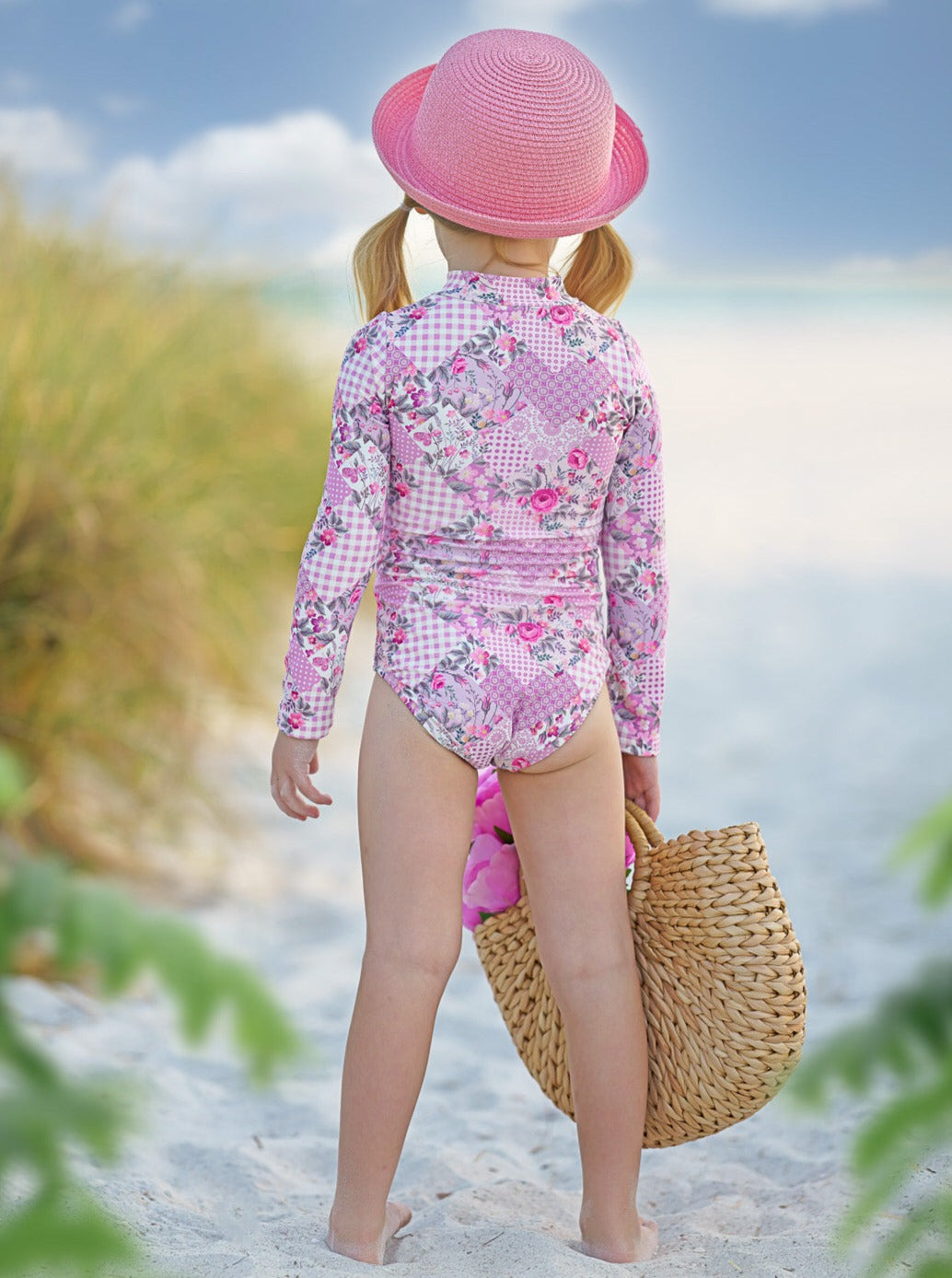 Toddler Swimwear | Girls Pink Floral Patchwork One Piece Swimsuit