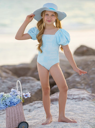 Girls Paisley Puff Sleeve One Piece Swimsuit | Mia Belle Girls Swimwear