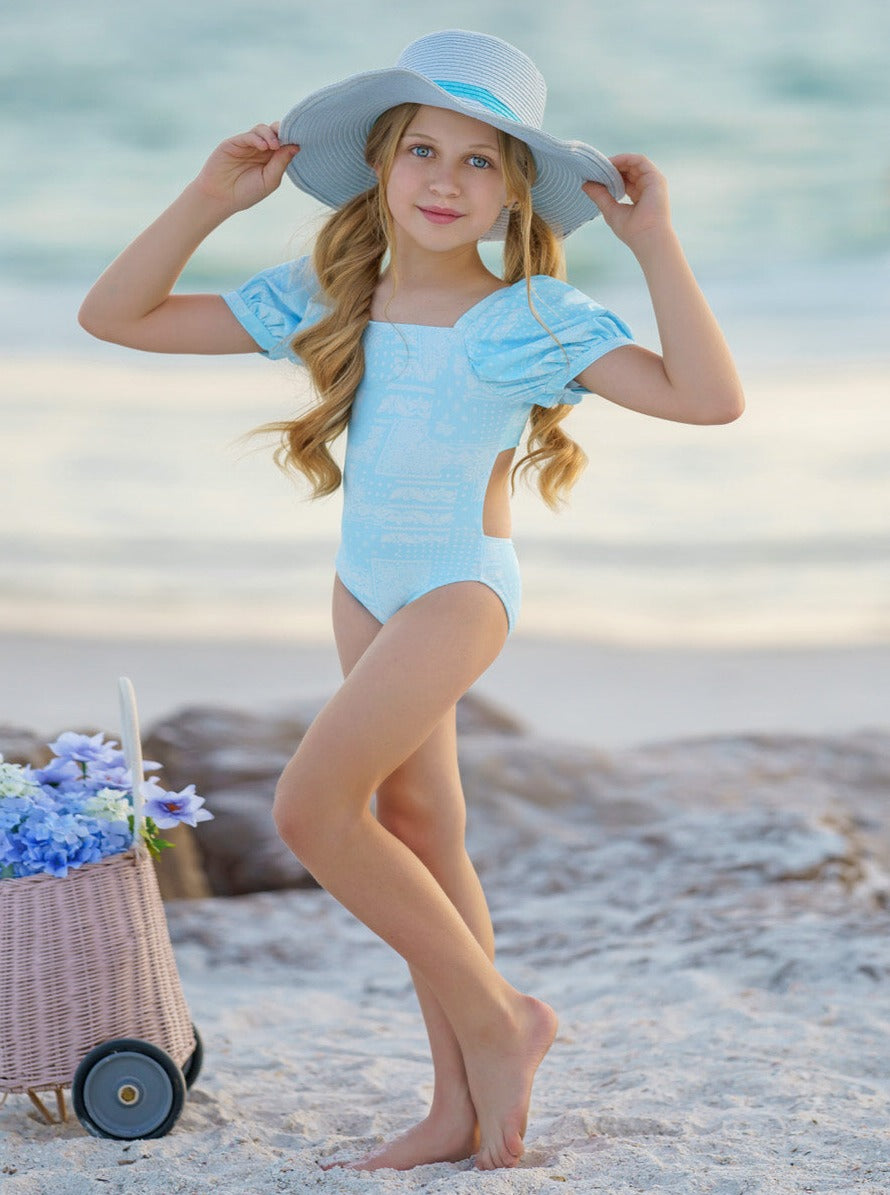 Girls Paisley Puff Sleeve One Piece Swimsuit | Mia Belle Girls Swimwear