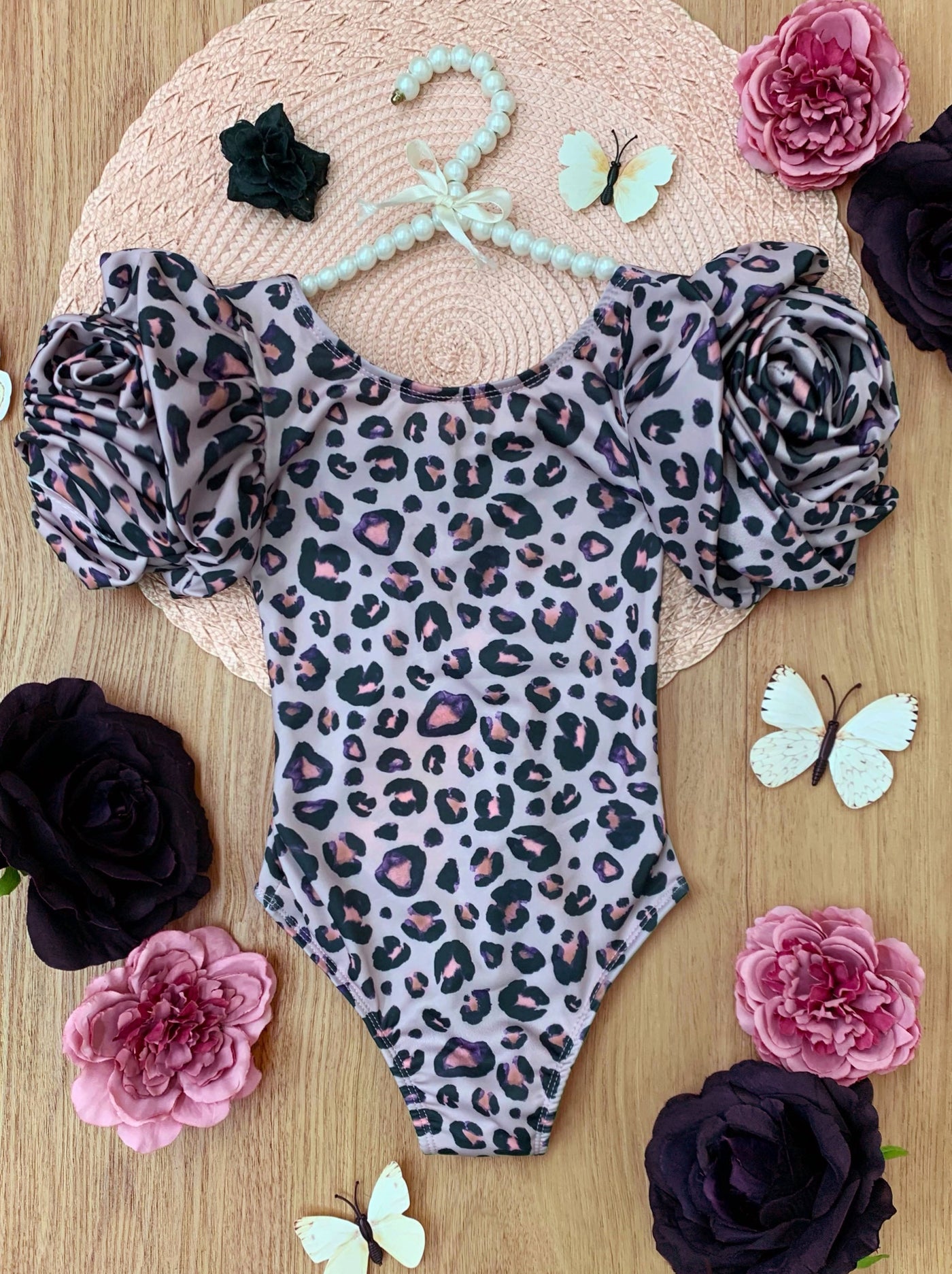 Mia Belle Girls Swimwear | Rose Sleeve Leopard One Piece Swimsuit